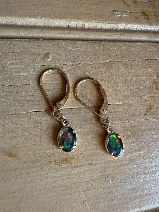 Vintage 14K Yellow Gold Dangle Earrings Featuring Ammolite Fossil