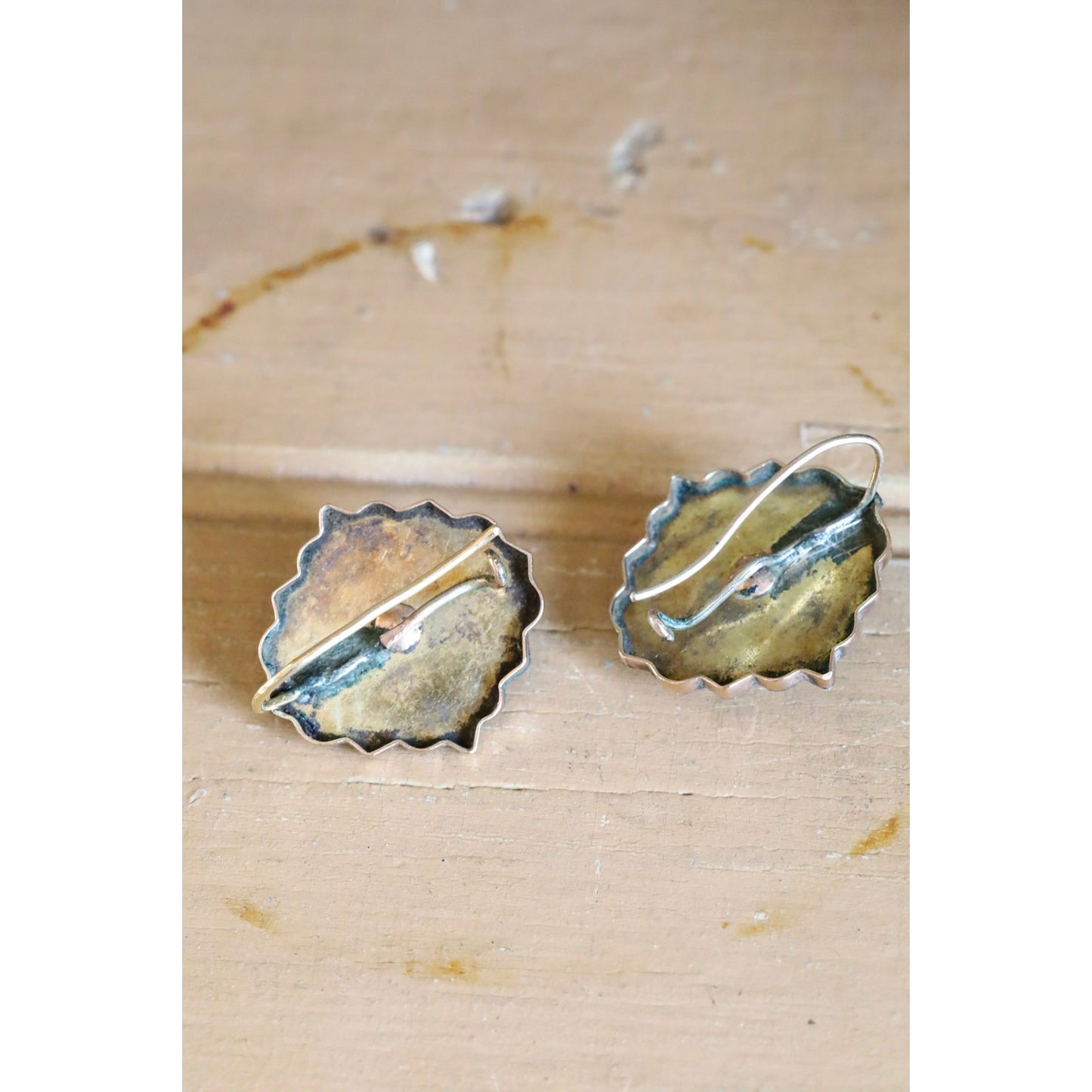 C1870 Gold Filled and 10K Gold Victorian Black Tracery Seed Pearl Earrings