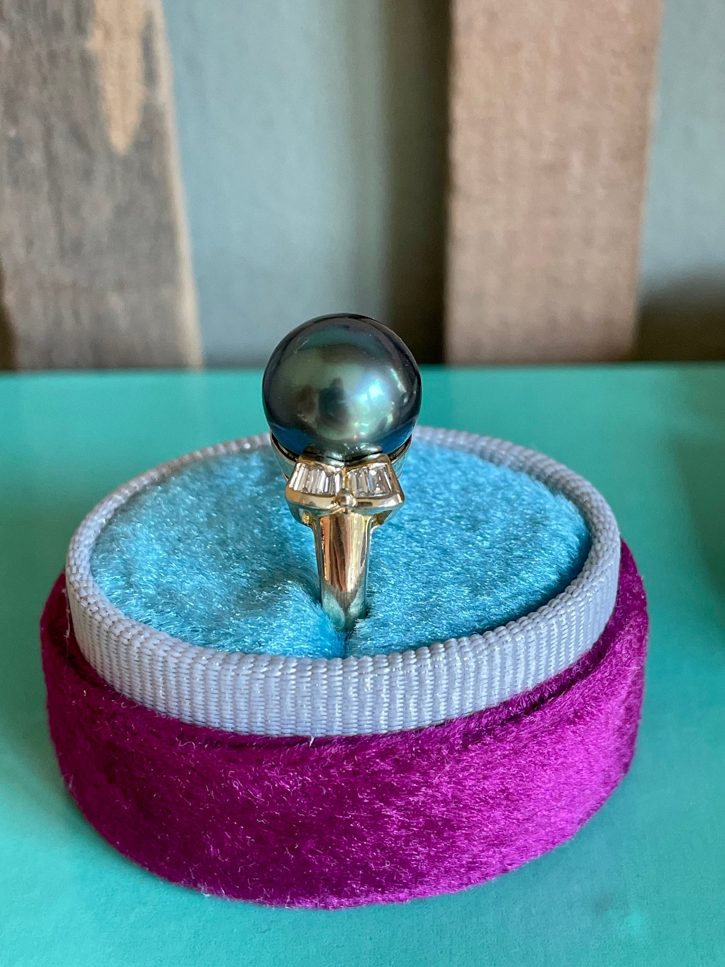 14K Yellow Gold 11mm Tahitian Pearl & Baguette Cut Diamond Ring