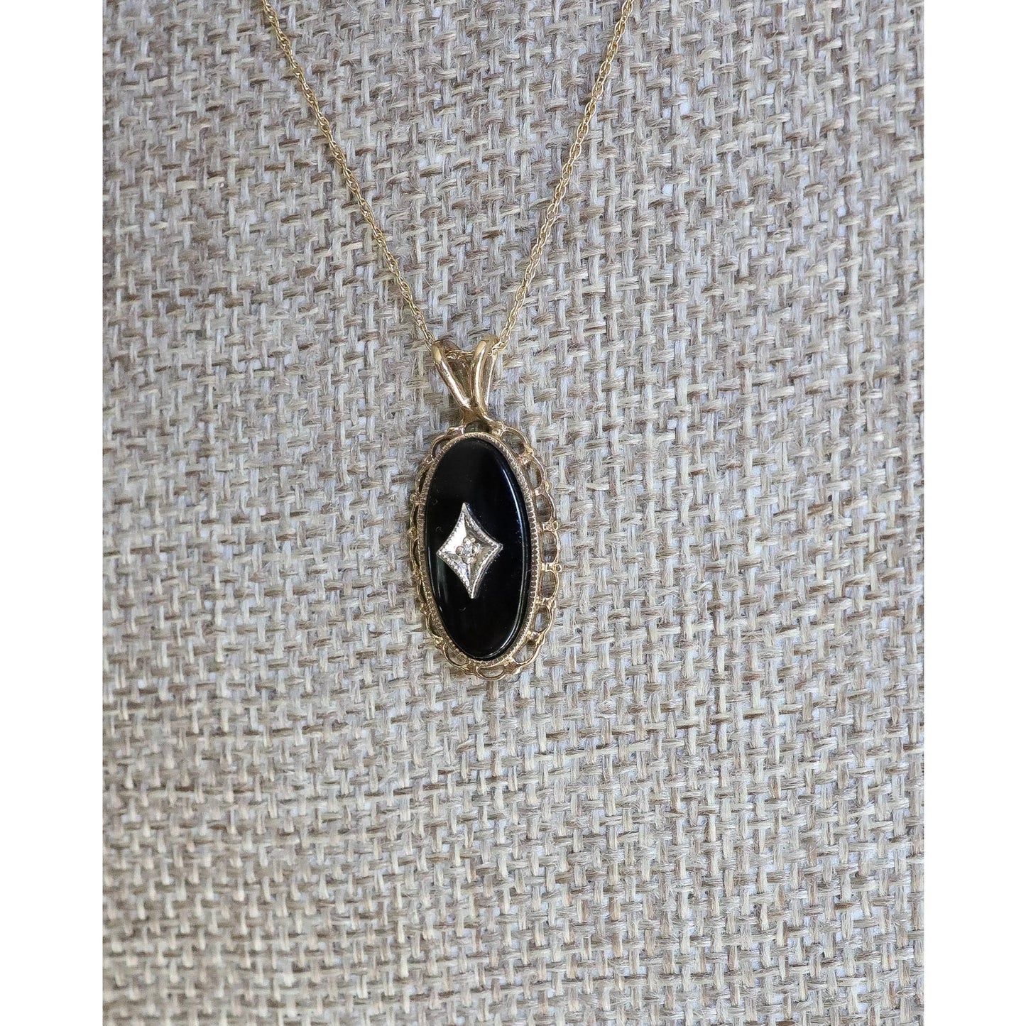 Vintage Late Art Deco 10K Yellow Gold Chain and 10K Yellow Gold Onyx and Diamond Pendant