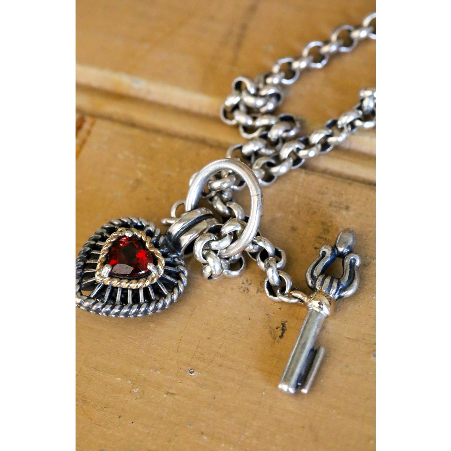 Vintage Ross Simons Sterling Silver and 14K Garnet Set Heart Charm Bracelets with Arrow Clasp