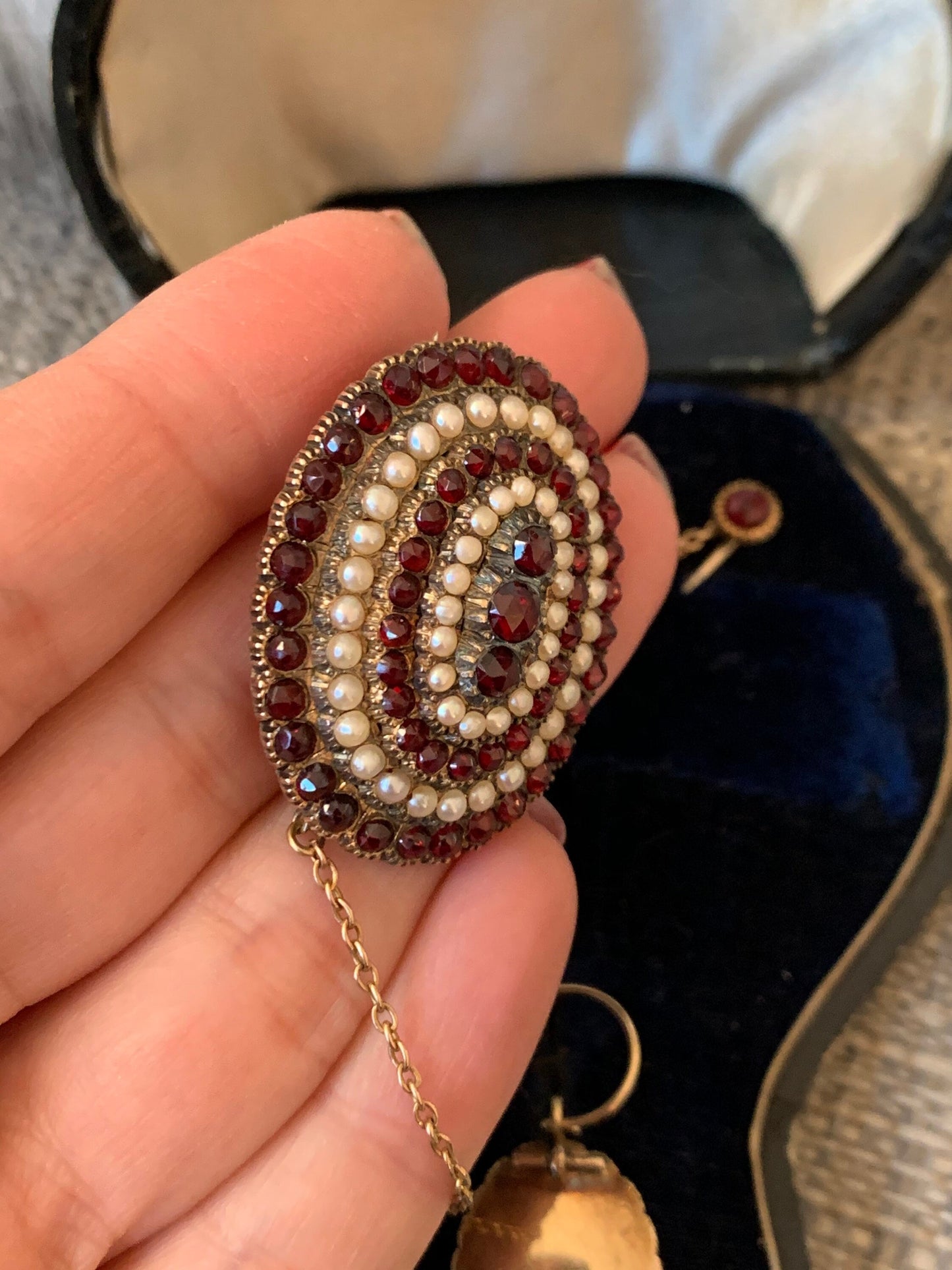 SALE 14K Late Victorian Bohemian Cut Garnet and Pearl Brooch and Matching Earrings