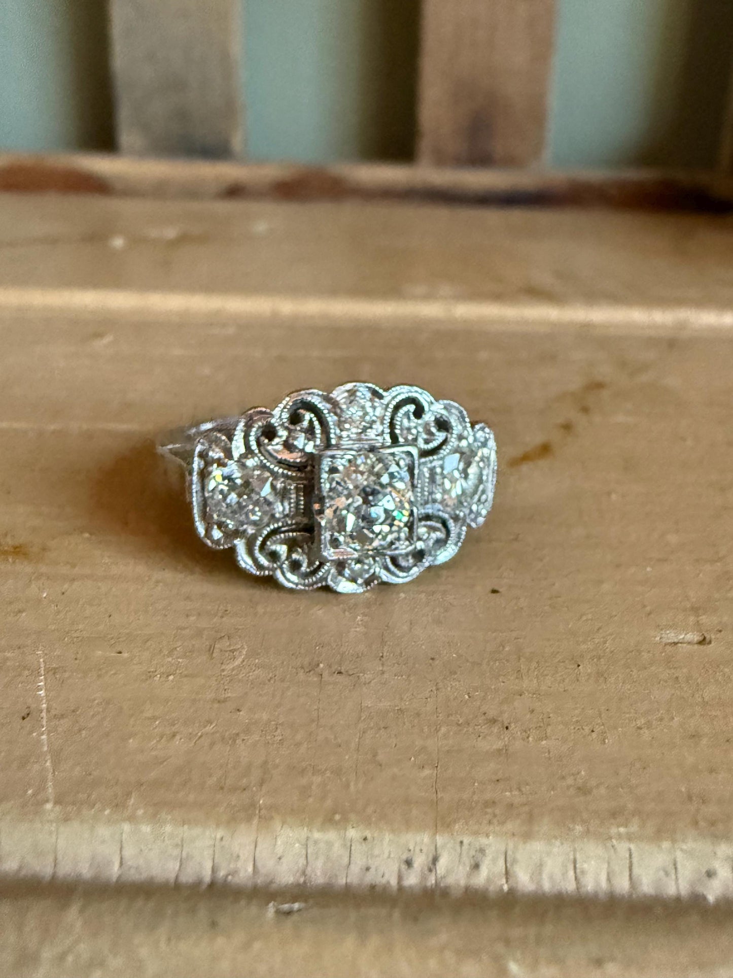 Art Deco 1940's Platinum Diamond Ring Center Diamond Approx. 1 CTW