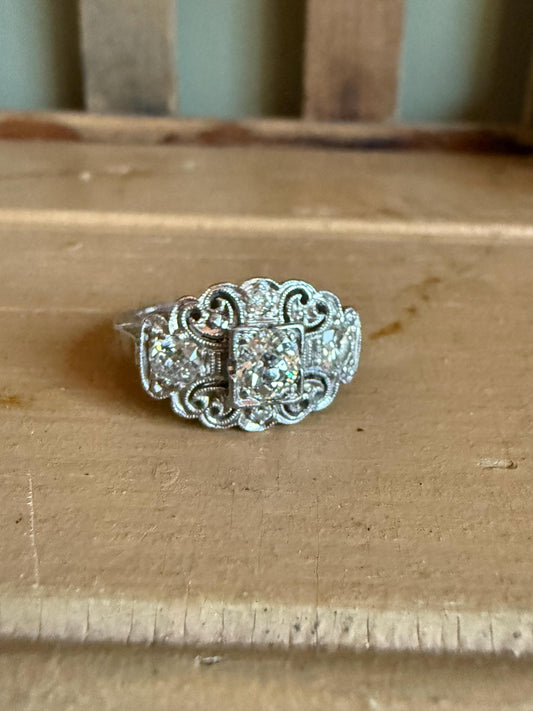 Art Deco 1940's Platinum Diamond Ring Center Diamond Approx. 1 CTW