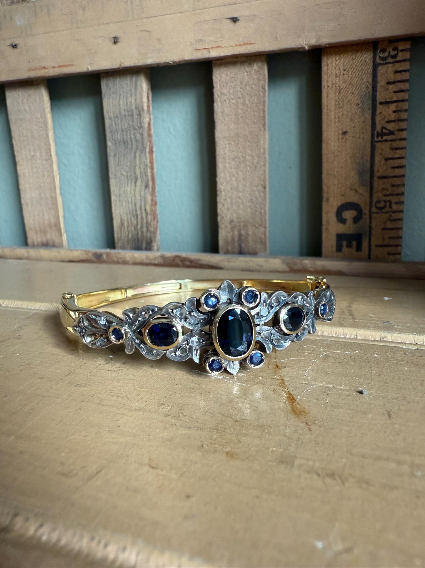 Vintage Italian Natural Sapphire and Diamond 18K Yellow Gold and Sterling Silver Topped Bangle Bracelet