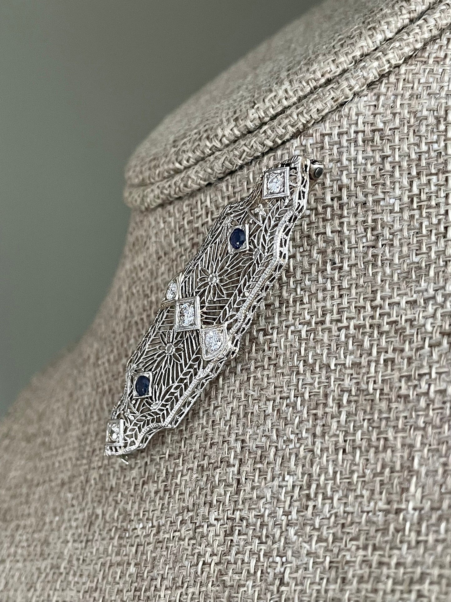 1930-1940 14K White Gold Filigree Diamond and Sapphire Brooch