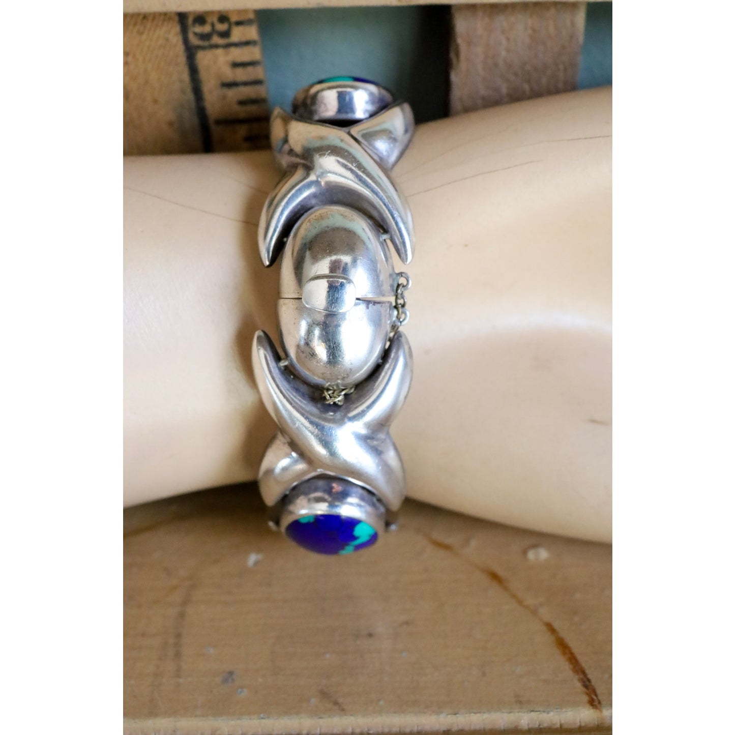 Vintage Sterling Silver Mexican XO Link Bracelet Set with Azurite-Malachite