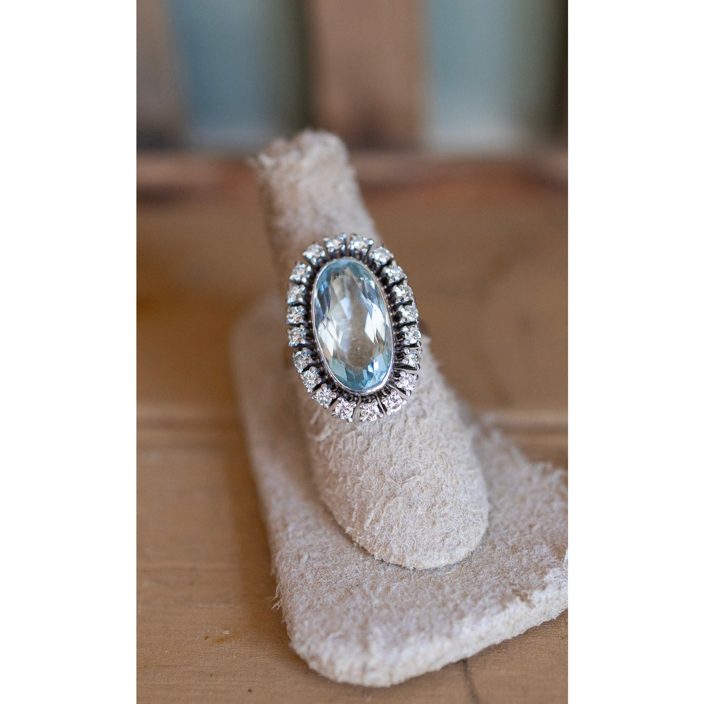Vintage 1950's 18K White Gold Mid-Century Oval Cut Aquamarine and Natural Diamond Halo Ring