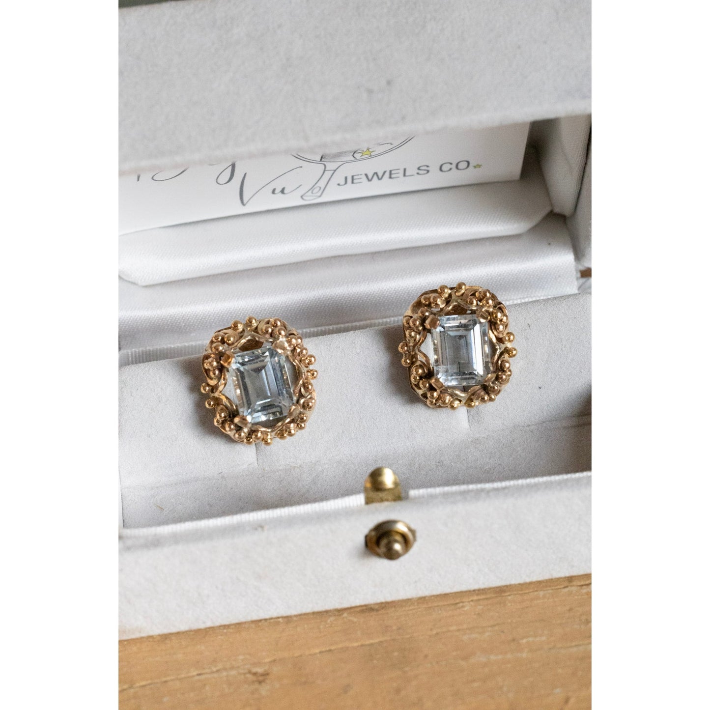 Vintage Solid 14K Yellow Gold Emerald Cut Aquamarine Earrings
