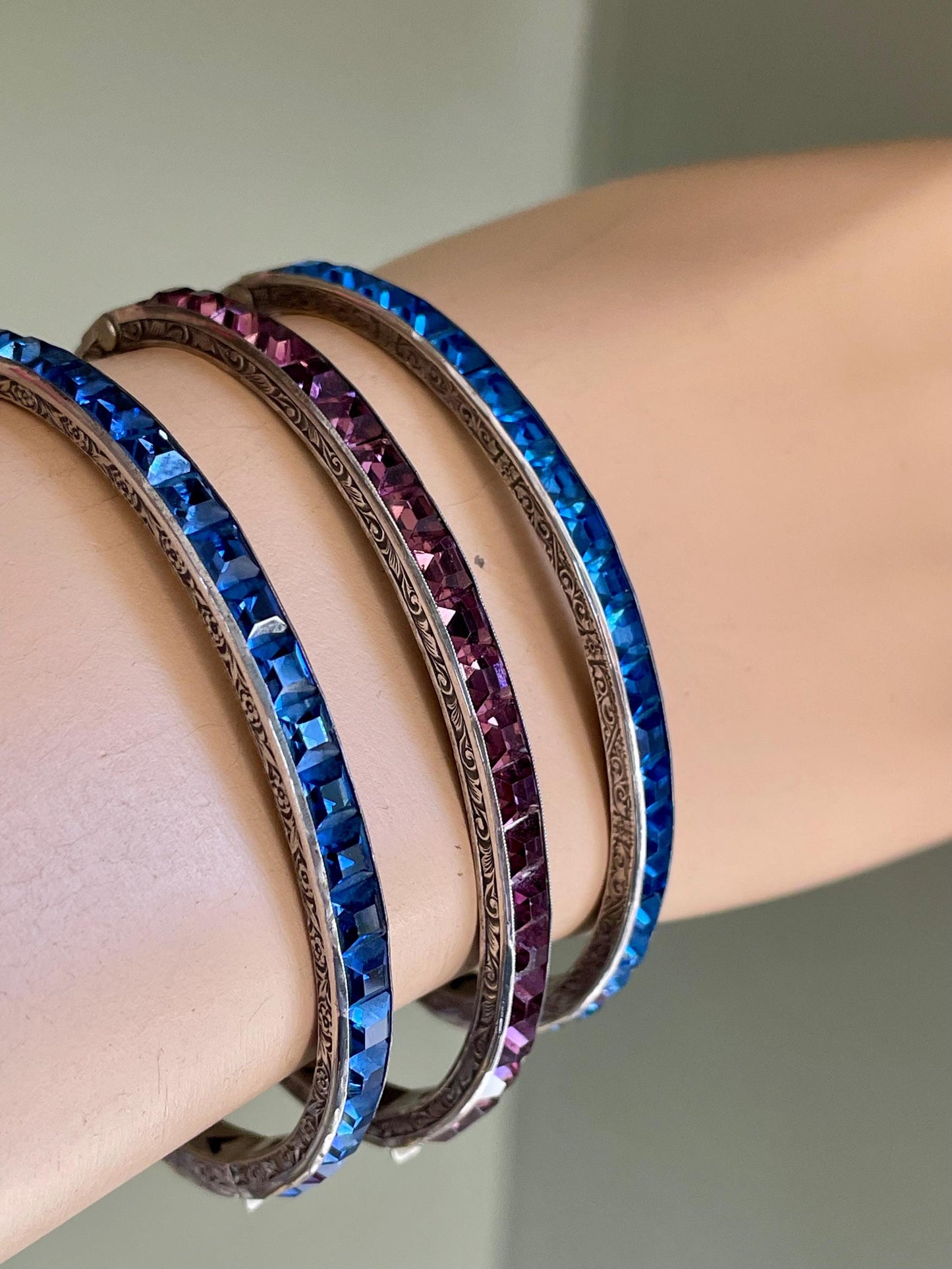 Art Deco Sterling Silver Bracelet Bangle: Ceylon Blue & Rose Cut Glass