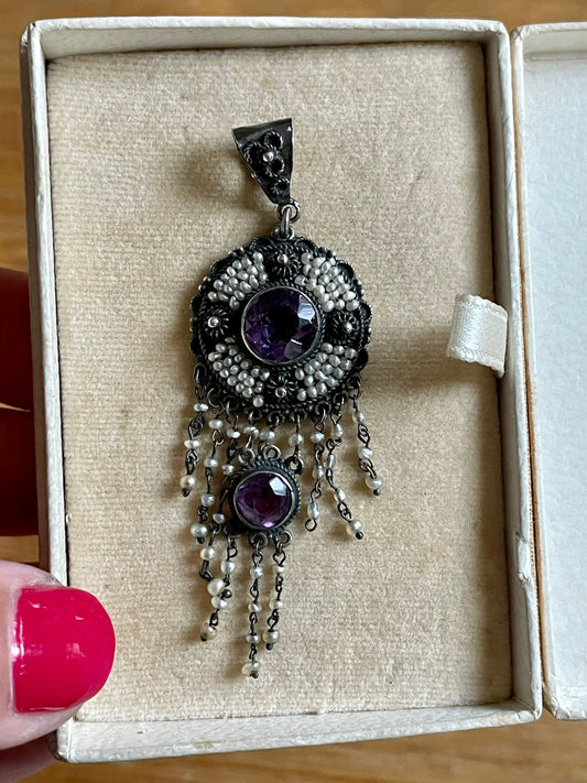 Late Victorian / Art Nouveau Amethyst and Seed Pearl Dangle Pendant