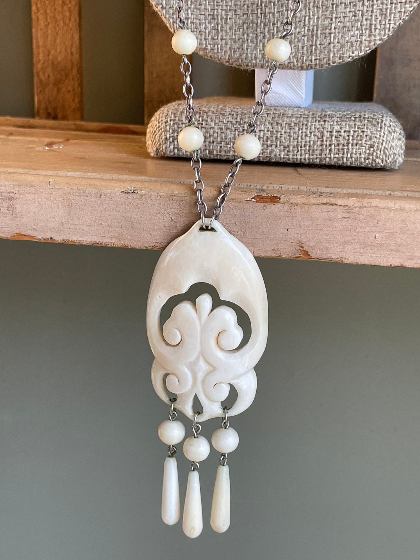 1960's Carved Necklace and Dangle Earrings