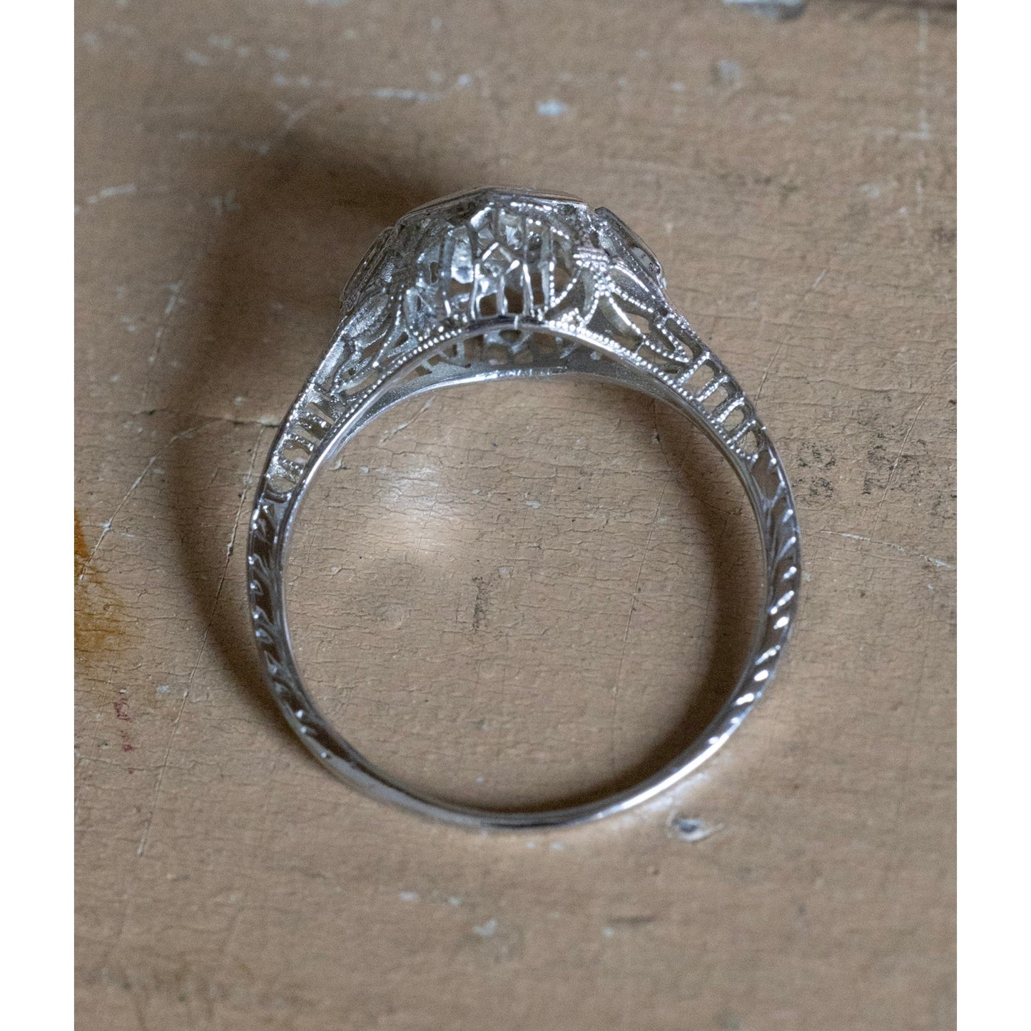 1930-1940's Art Deco 18K White Gold Old European Cut Diamond and Sapphire Filigree Ring