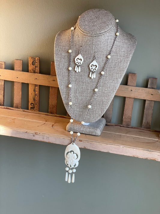 1960's Carved Necklace and Dangle Earrings