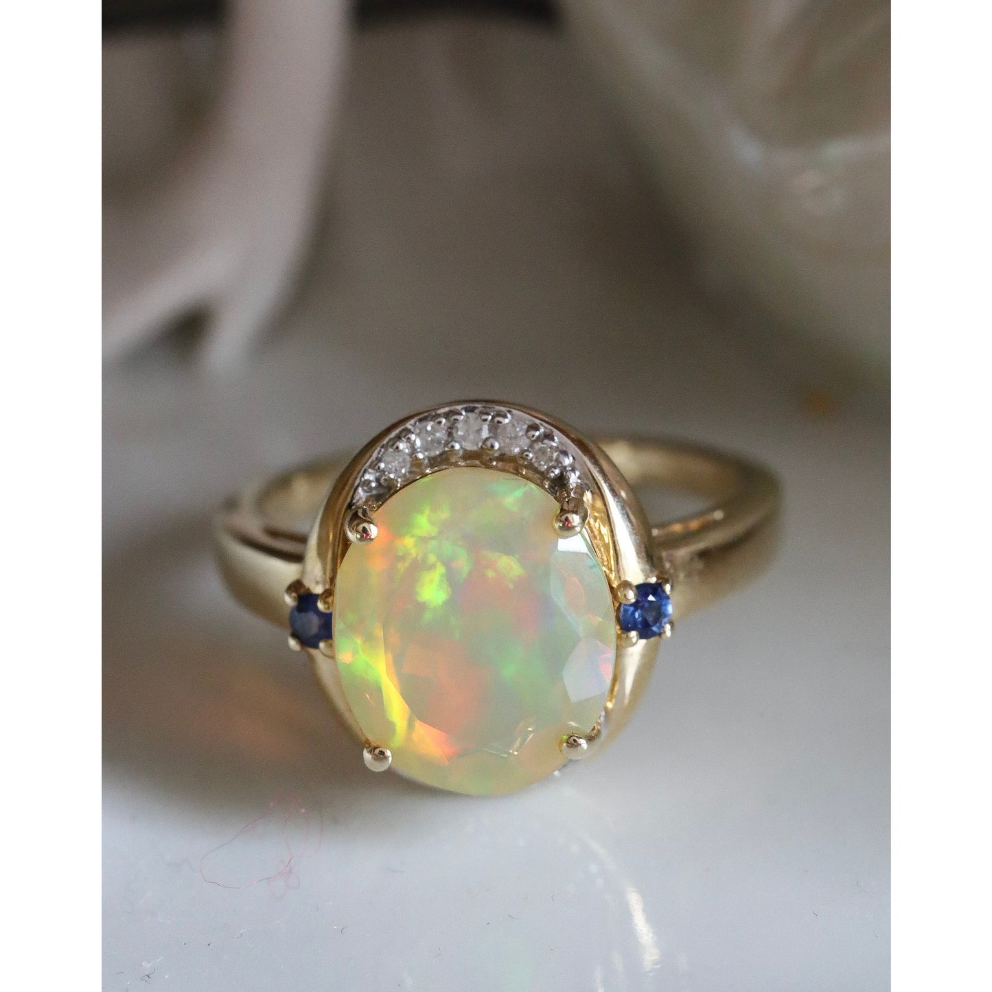10K Yellow Gold Ethopian Opal Ring with Diamonds and Sapphires