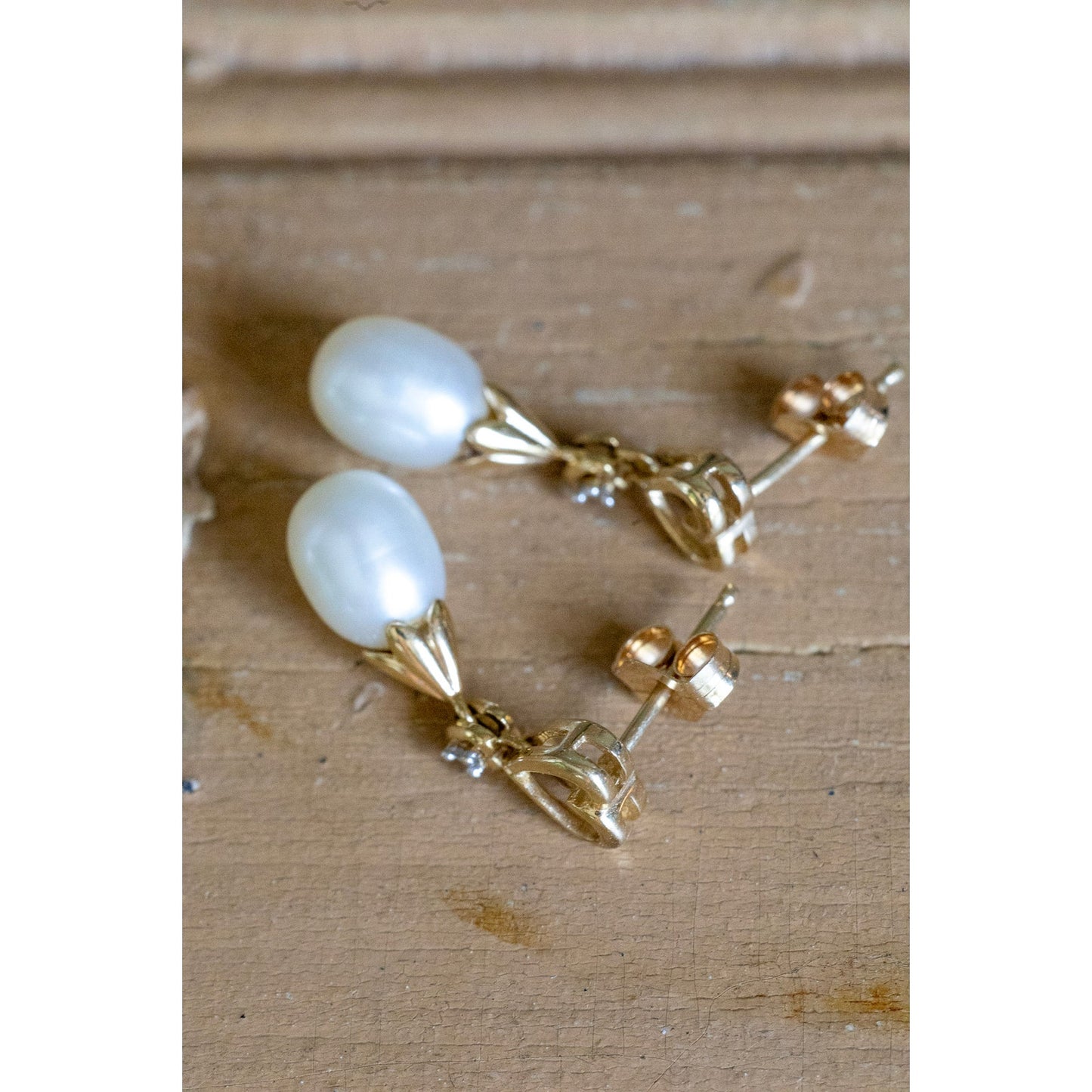 Vintage 14K Yellow Gold Diamond and Pearl Dangle Earrings