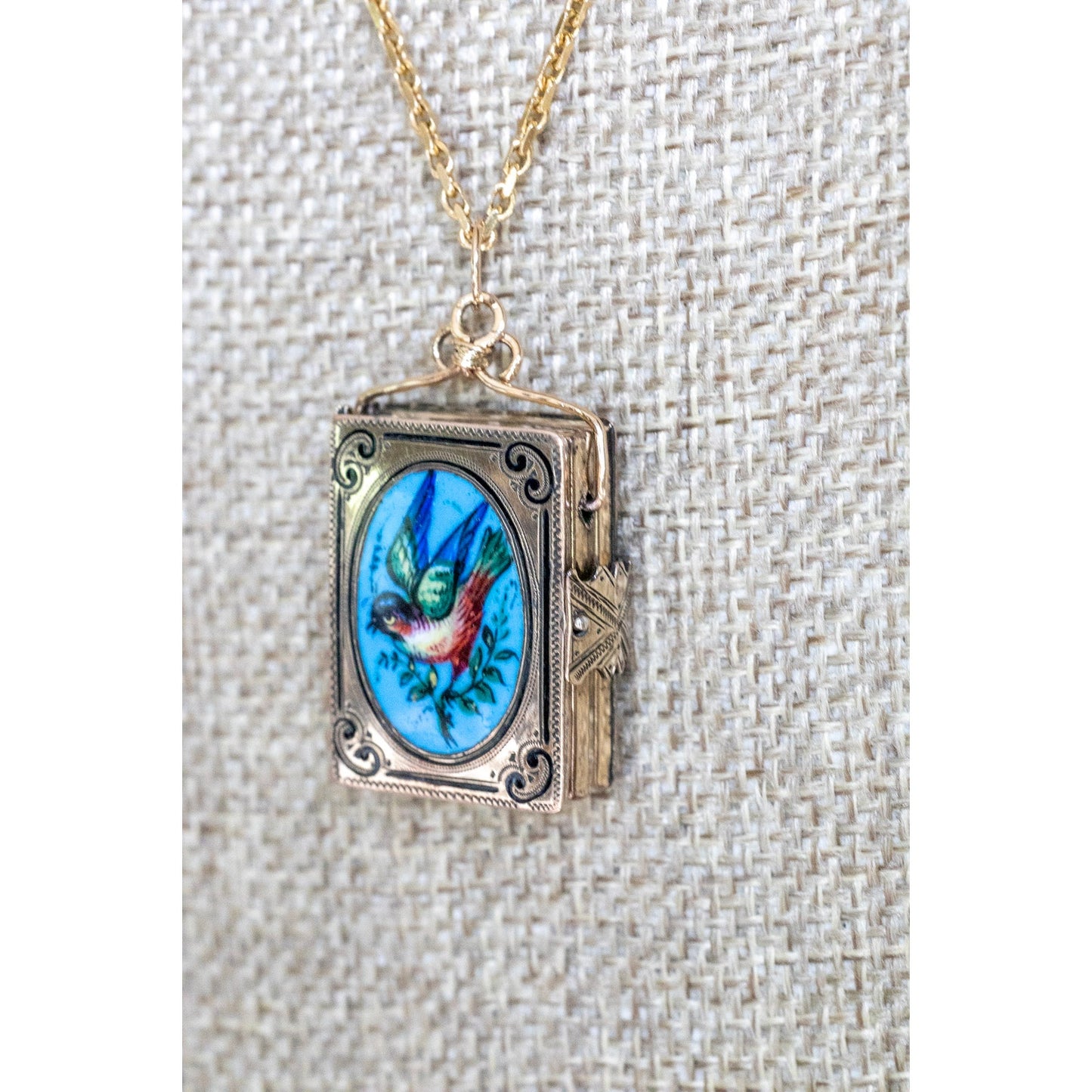Rare Antique Hand Enameled Bird Book Locket Dating to the Victorian Era