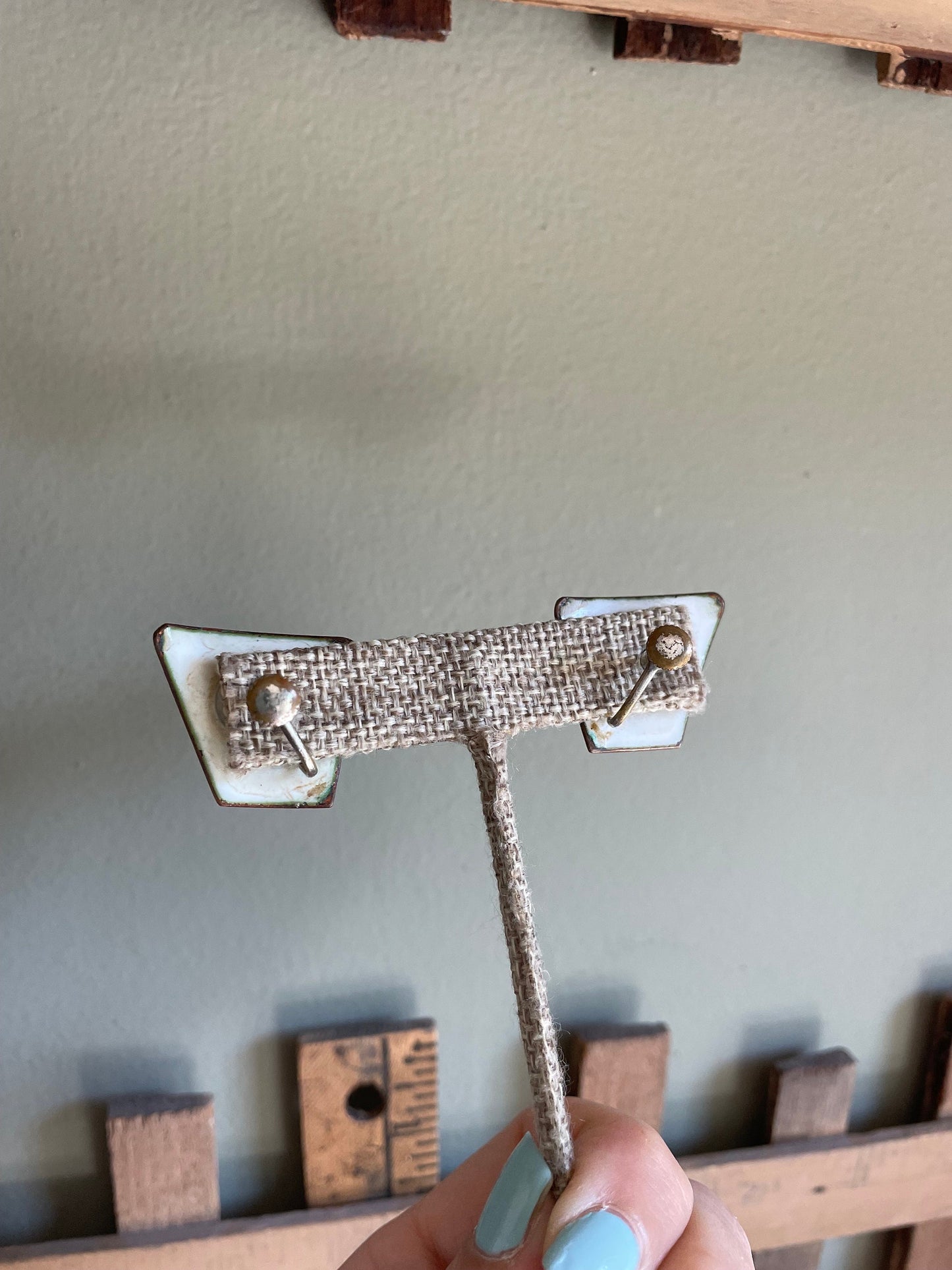 Kay Denning 1960's Brown and White Hand Enameled Earrings