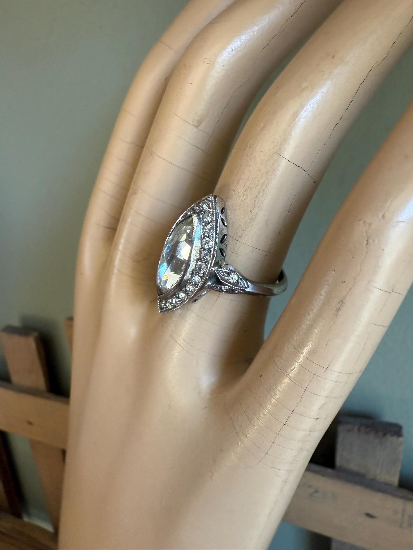 c1930 Vintage Art Deco Sterling Silver Marquis Shaped Crystal Ring