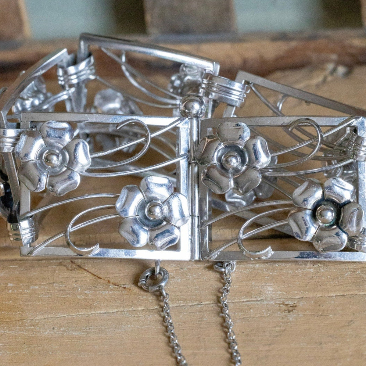 A late 1940's Harry S. Bick & Son Sterling Silver Floral Link Bracelet