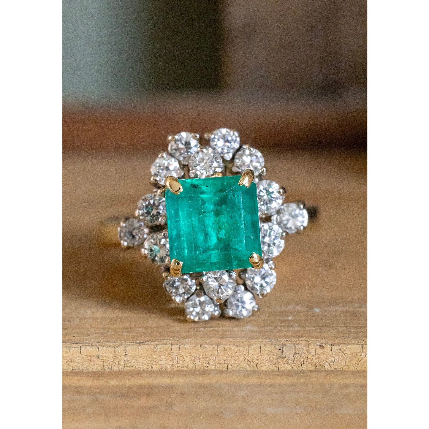 Vintage 18K Yellow Gold Custom Designed Natural Emerald and Diamond Ring