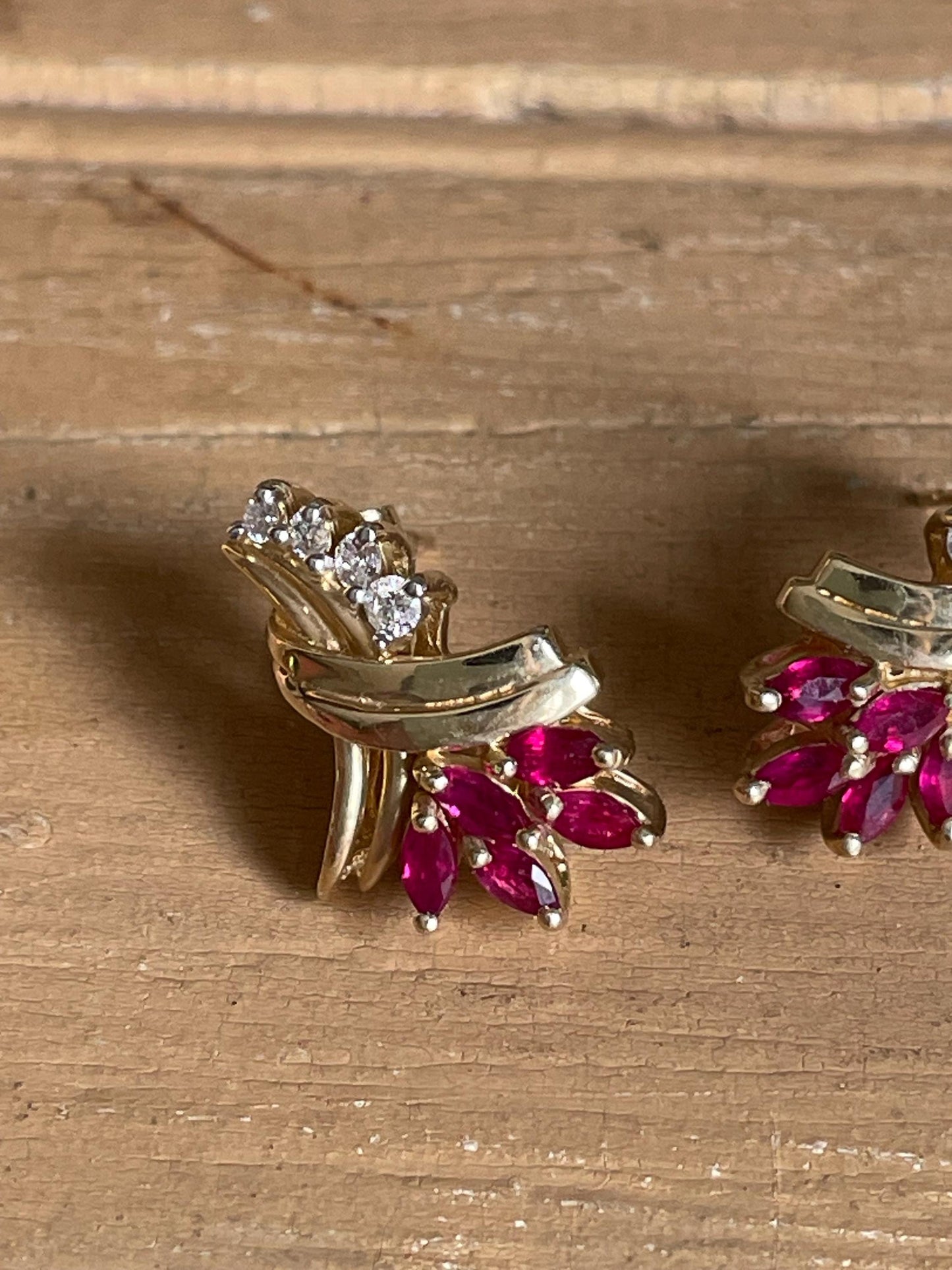 Vintage 14K Yellow Gold Ruby and Diamond Ribbon Motif Earrings