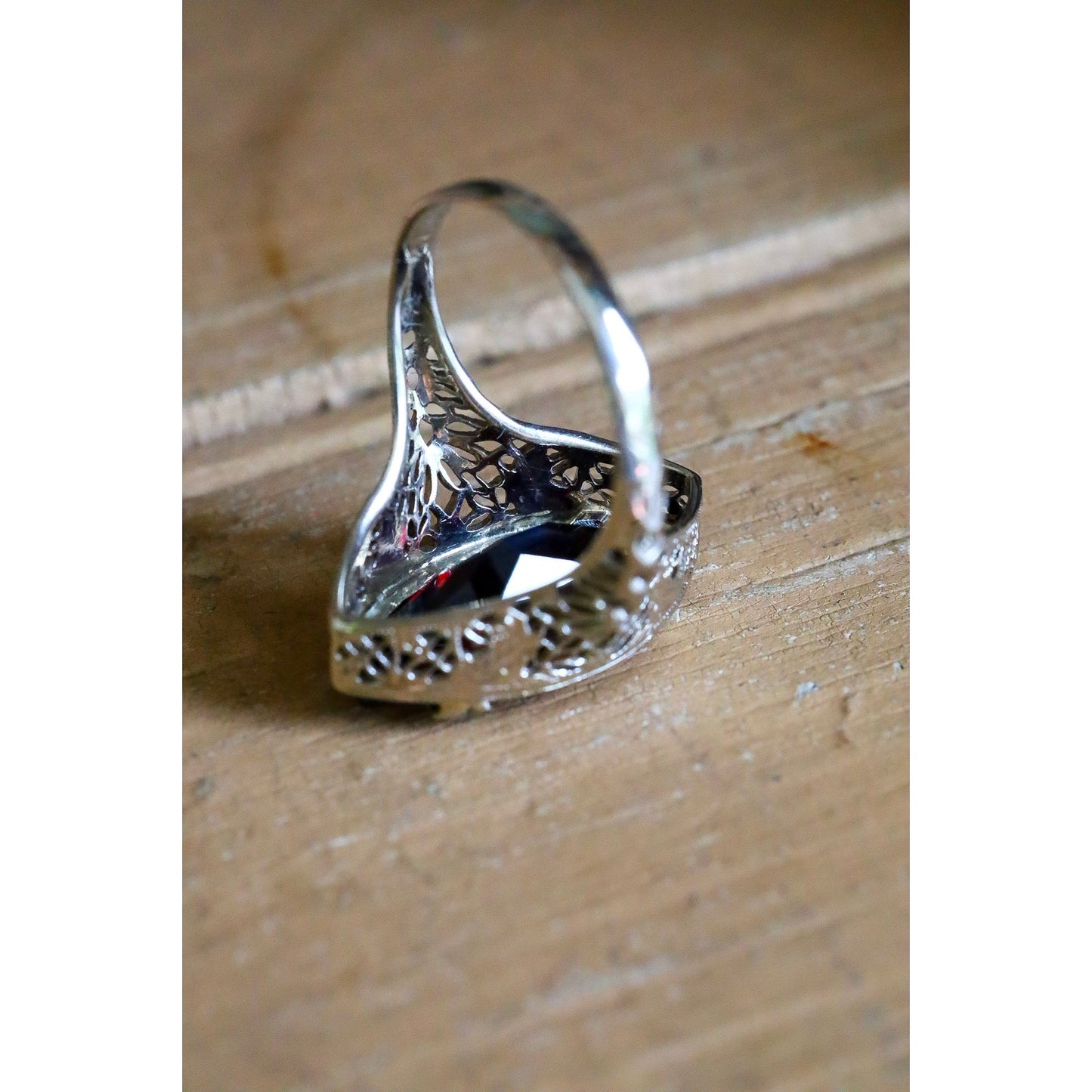 Art Deco 14K White Gold Marquis Cut Garnet Filigree Ring