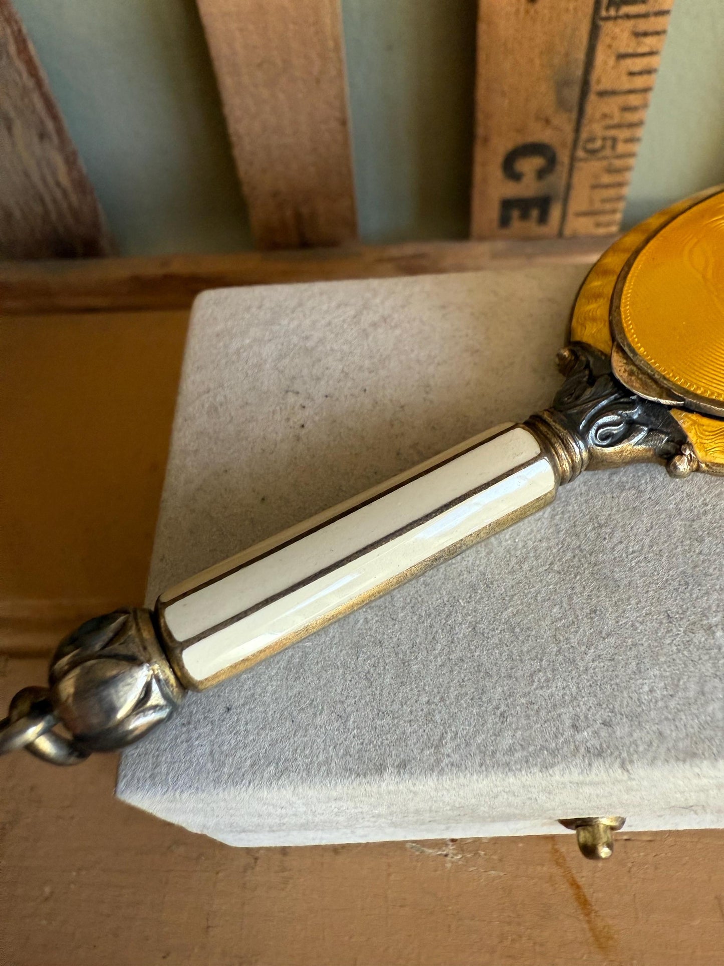 c1920 Pristine Austro Made Enameled Hand Mirror Compact Sterling Silver