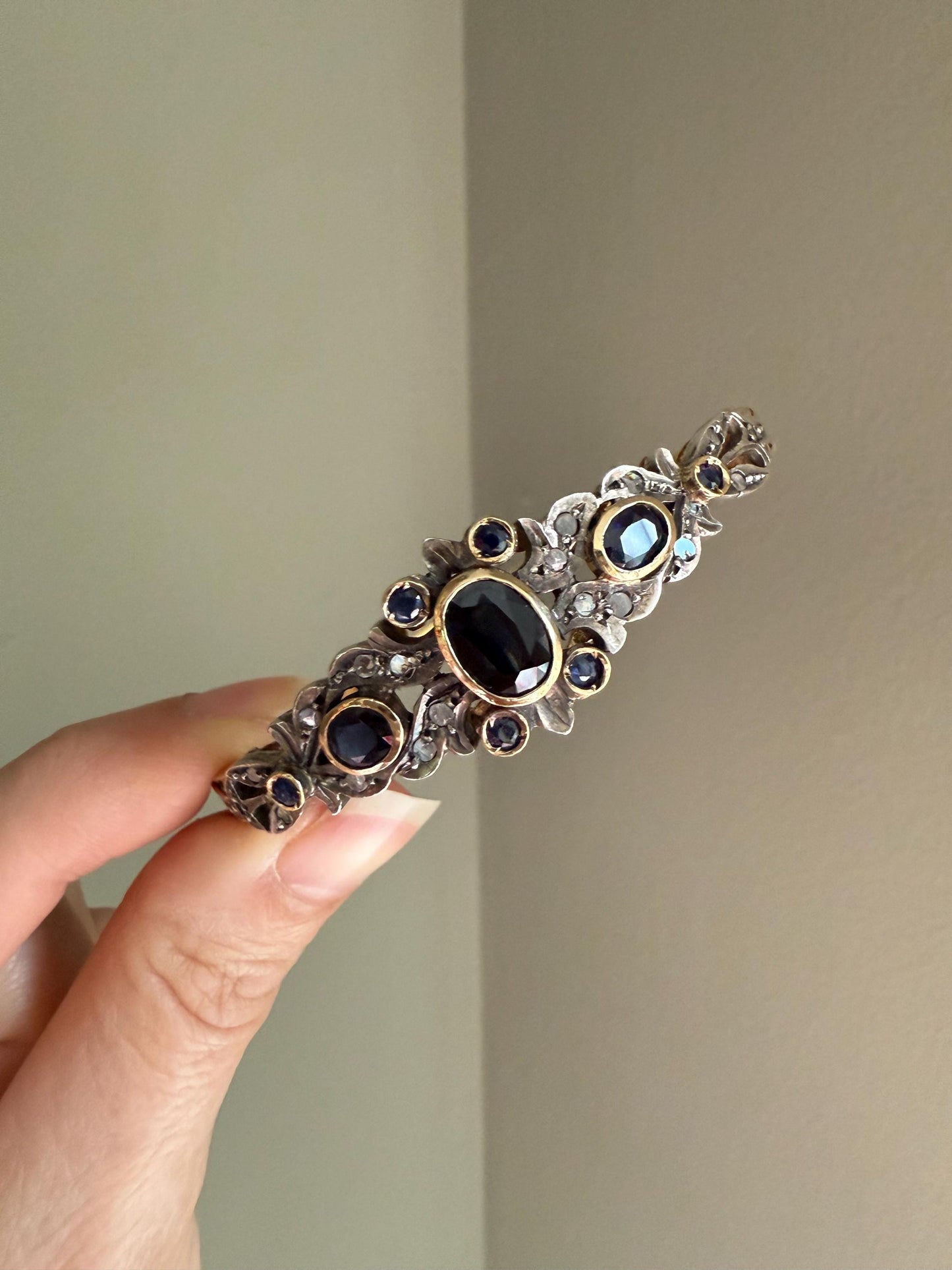 Vintage Italian Natural Sapphire and Diamond 18K Yellow Gold and Sterling Silver Topped Bangle Bracelet