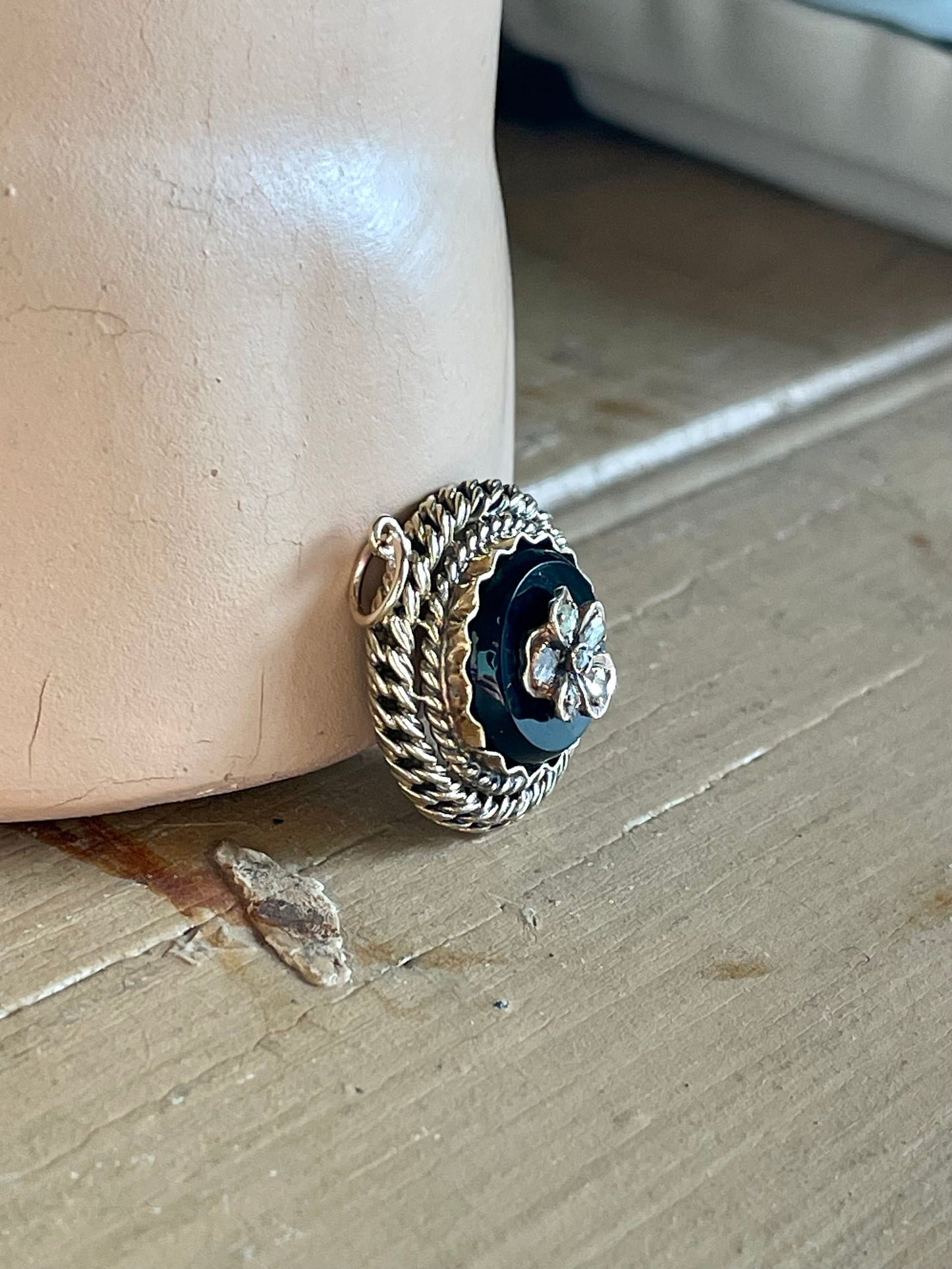 Antique 14K Yellow Gold Onyx Rose Cut Diamond Pansy Pendant