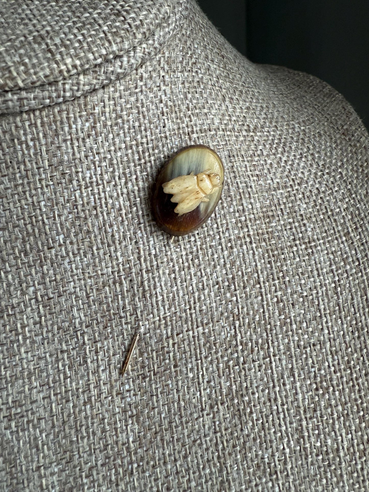 Interesting Antique Victorian Carved Antler Fly Insect Brooch Stickpin