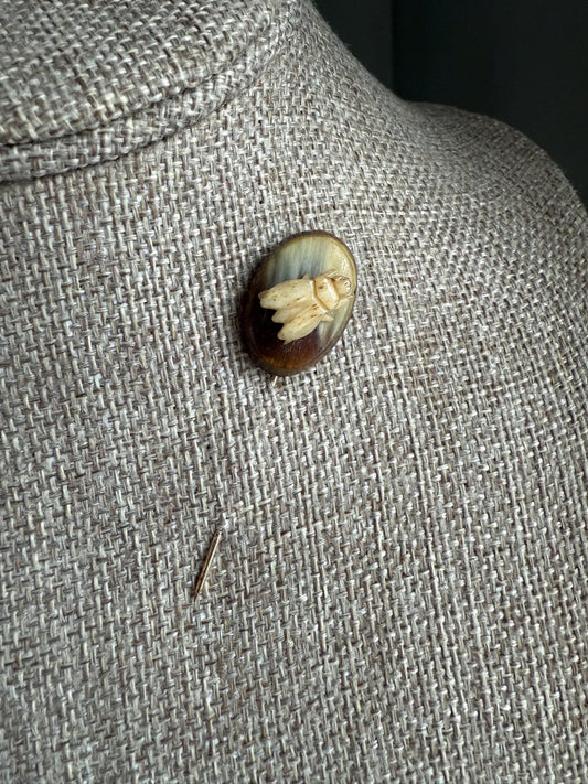 Interesting Antique Victorian Carved Antler Fly Insect Brooch Stickpin