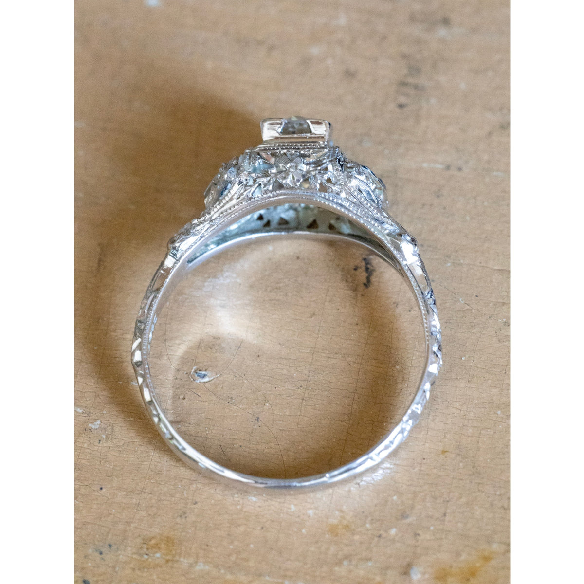 1930-1940 18K White Gold Round Old European Cut Natural Diamond and Synethic Sapphire Authentic Art Deco Ring