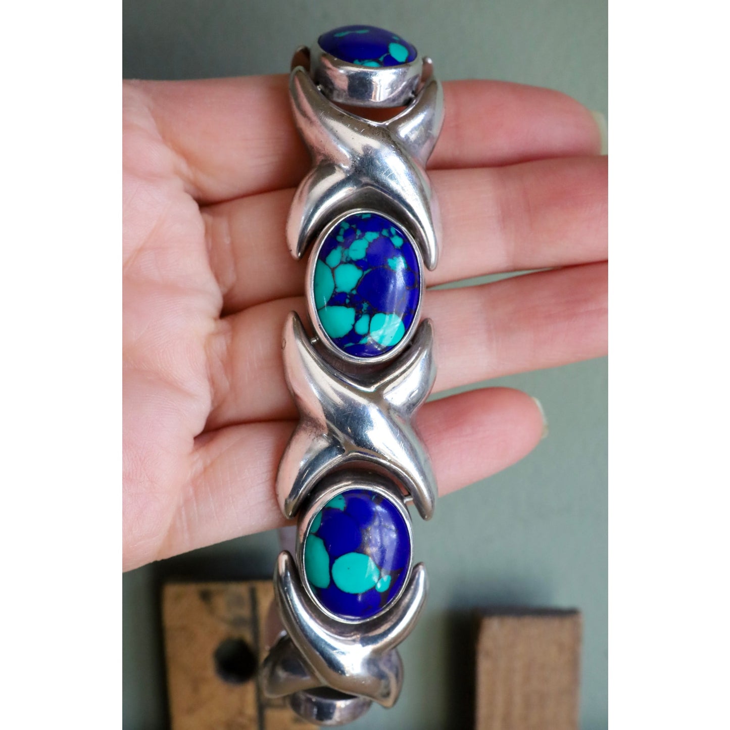 Vintage Sterling Silver Mexican XO Link Bracelet Set with Azurite-Malachite