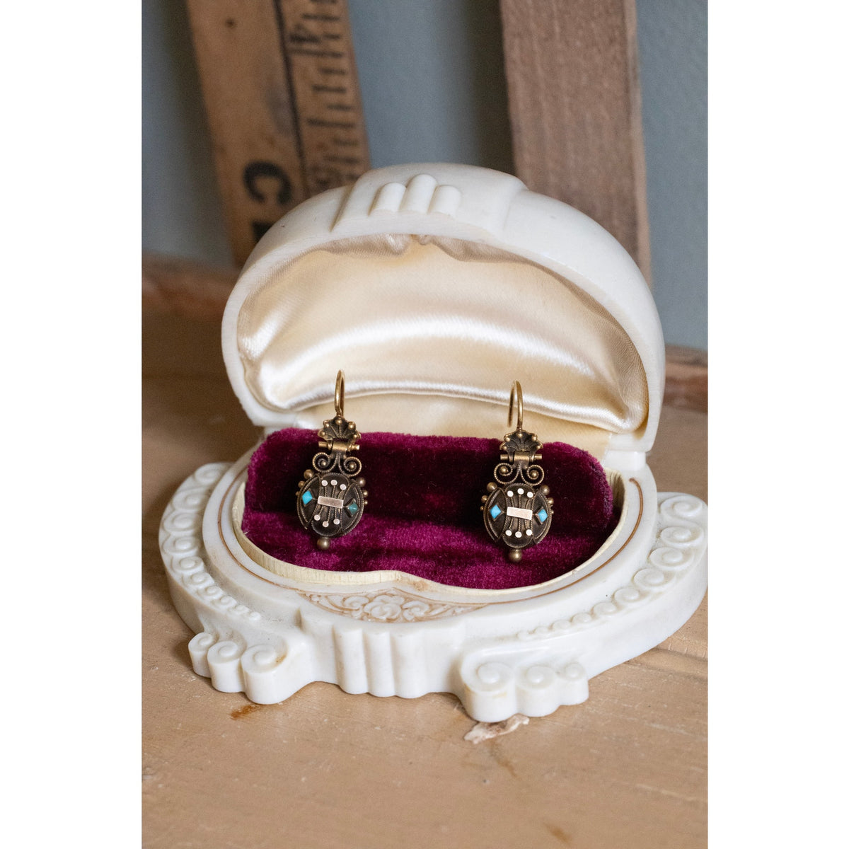 14K Bloomed Gold Victorian Antique Etruscan Revival Turquoise Dangle Earrings