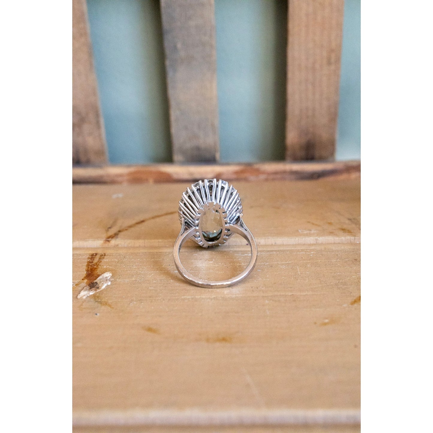 Vintage 1950's 18K White Gold Mid-Century Oval Cut Aquamarine and Natural Diamond Halo Ring