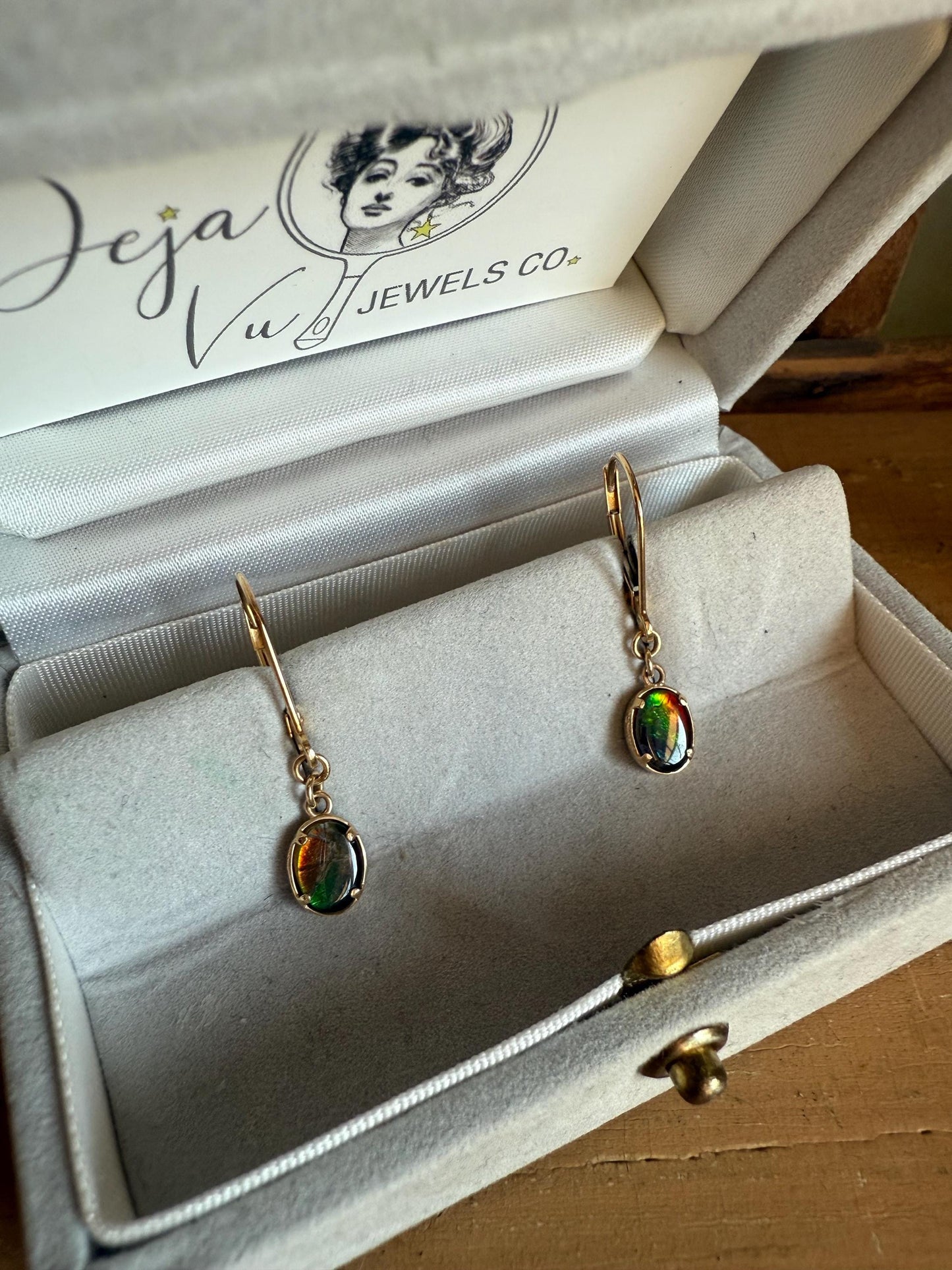 Vintage 14K Yellow Gold Dangle Earrings Featuring Ammolite Fossil