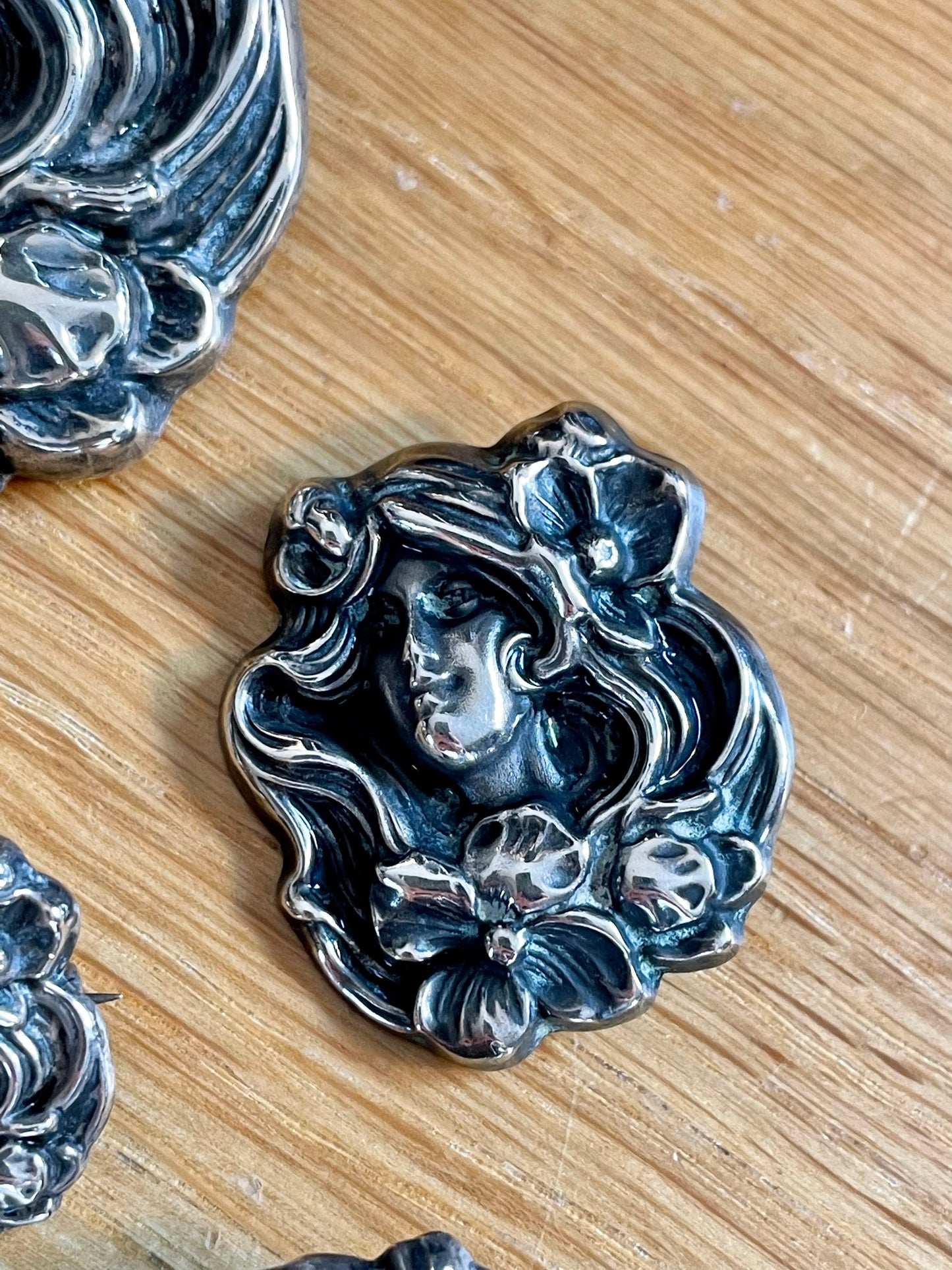 Art Nouveau Sterling Silver Five Piece Brooch Set Lady with Poppies