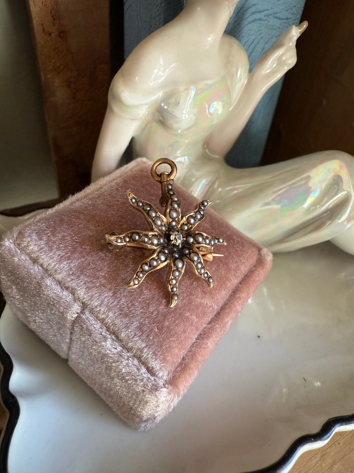 Victorian Antique Natural Seed Pearl and Diamond Star Burst Brooch Pendant