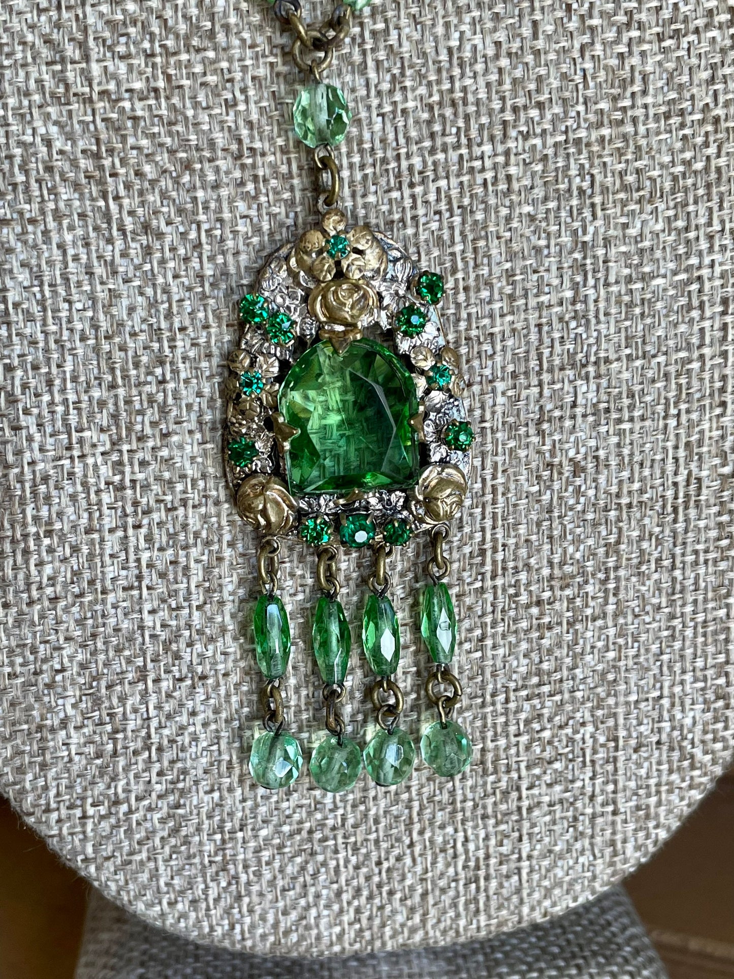 Czechoslovakia Bi-Color Lime Green Brass Dangle Necklace