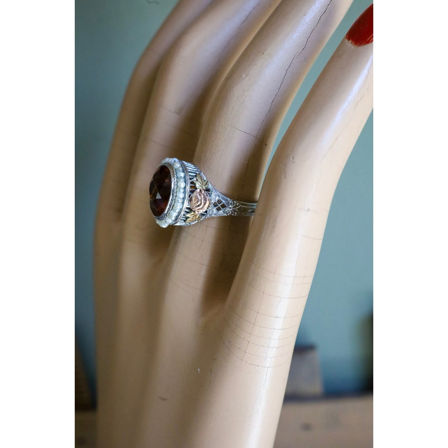 c1930 Art Deco 14K White, Rose, Green Gold Filigree Maderia Citrine and Seed Pearl Ring