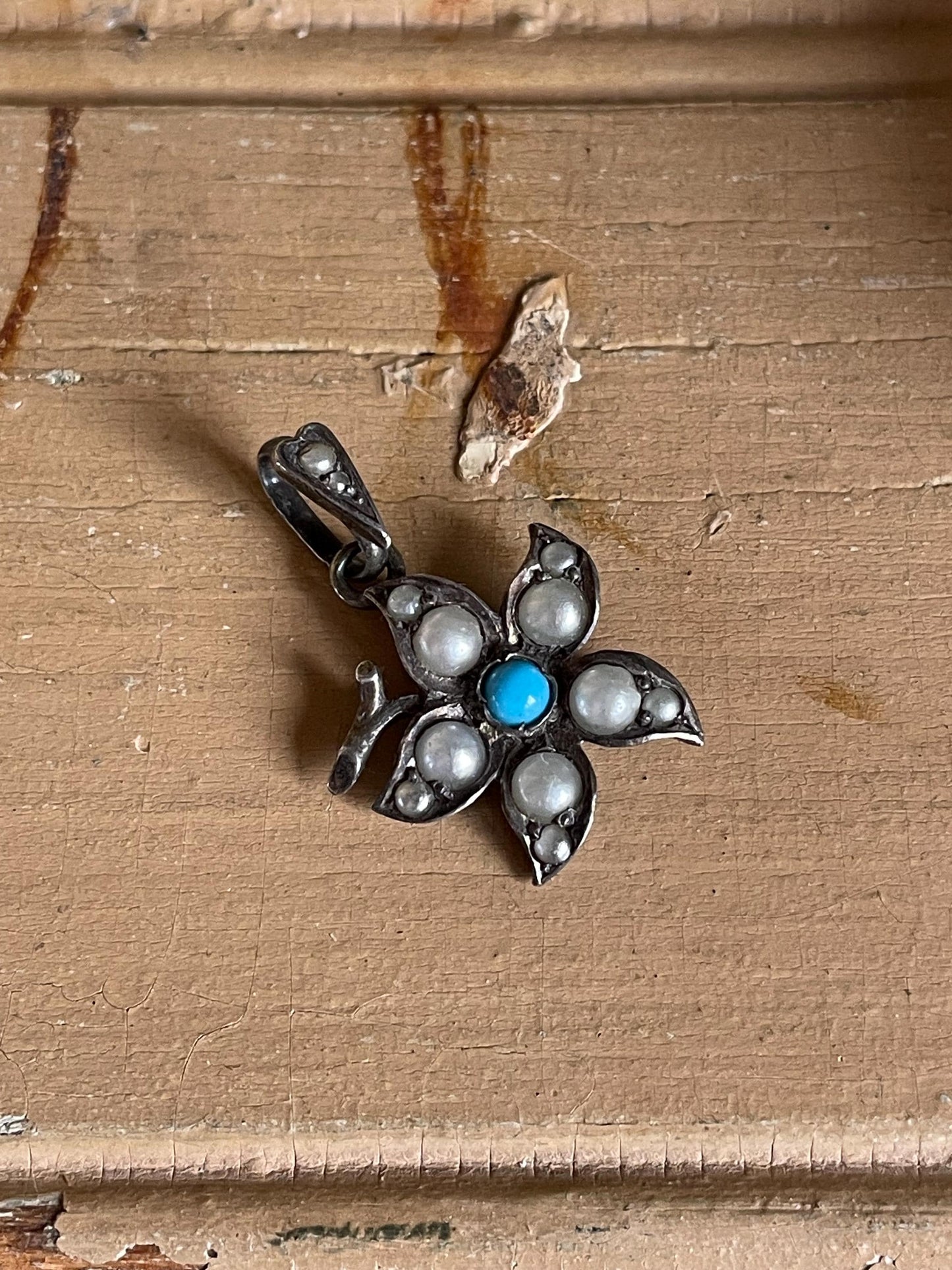 c1900 Silver Edwardian Turquoise and Pearl Flower Pendant