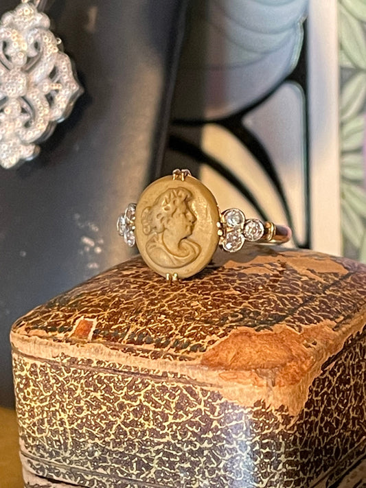 Late Victorian 14K Yellow Gold Lava Cameo with Diamonds
