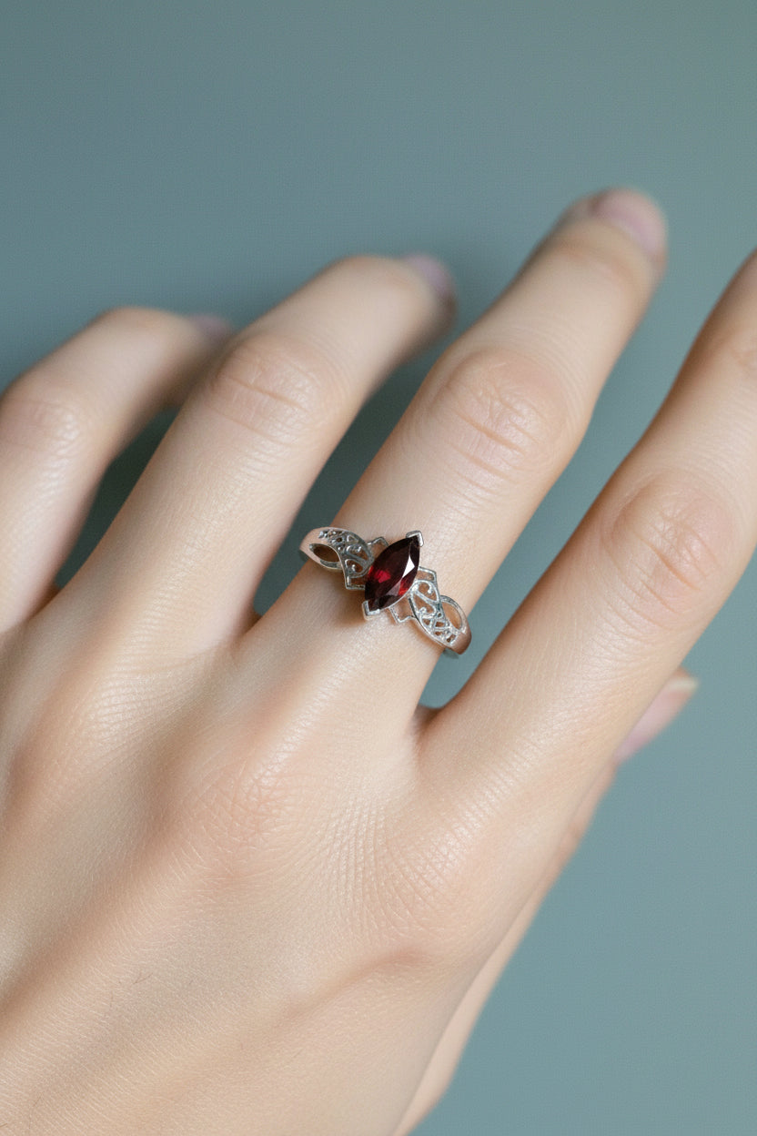 c1980 Vintage Marquis Cut Garnet Ring in 10K Yellow Gold
