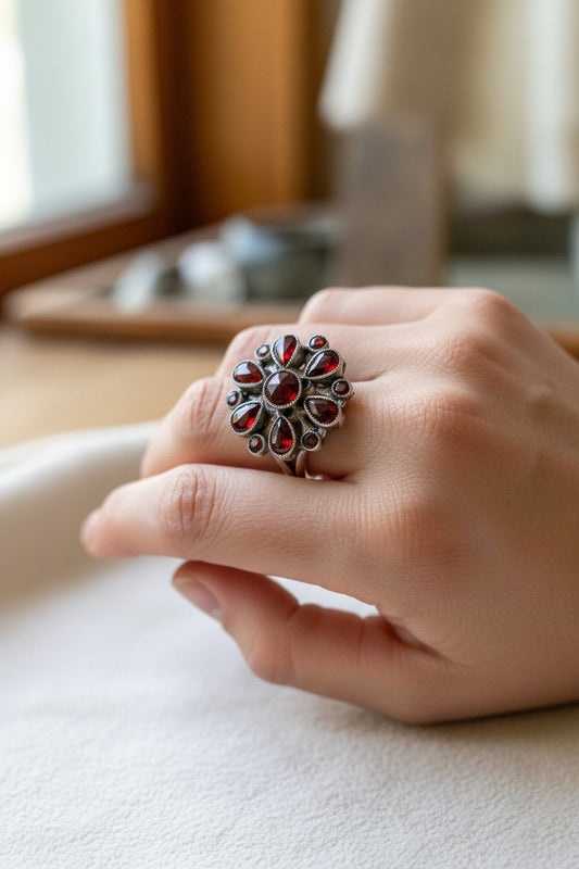 Antique Austro Hungarian Bohemian Cut Garnet Ring in Silver