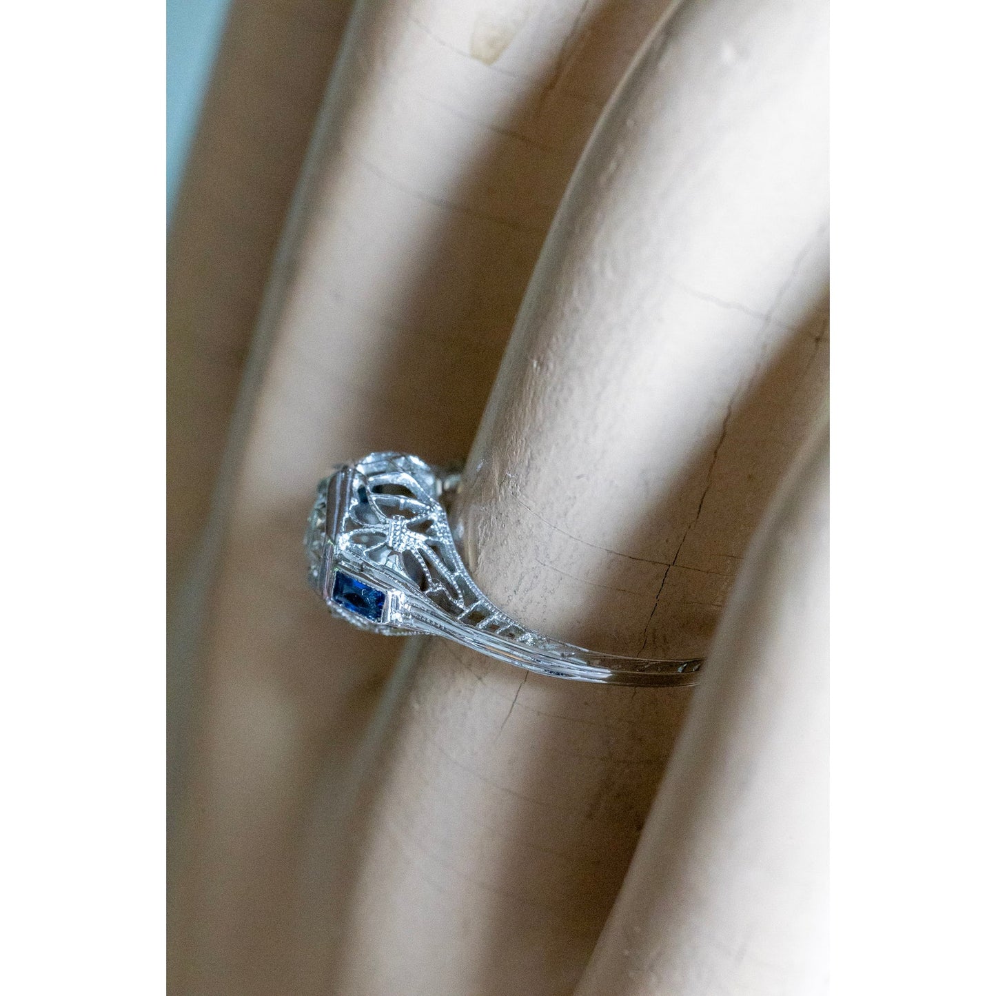 1930-1940's Art Deco 18K White Gold Old European Cut Diamond and Sapphire Filigree Ring