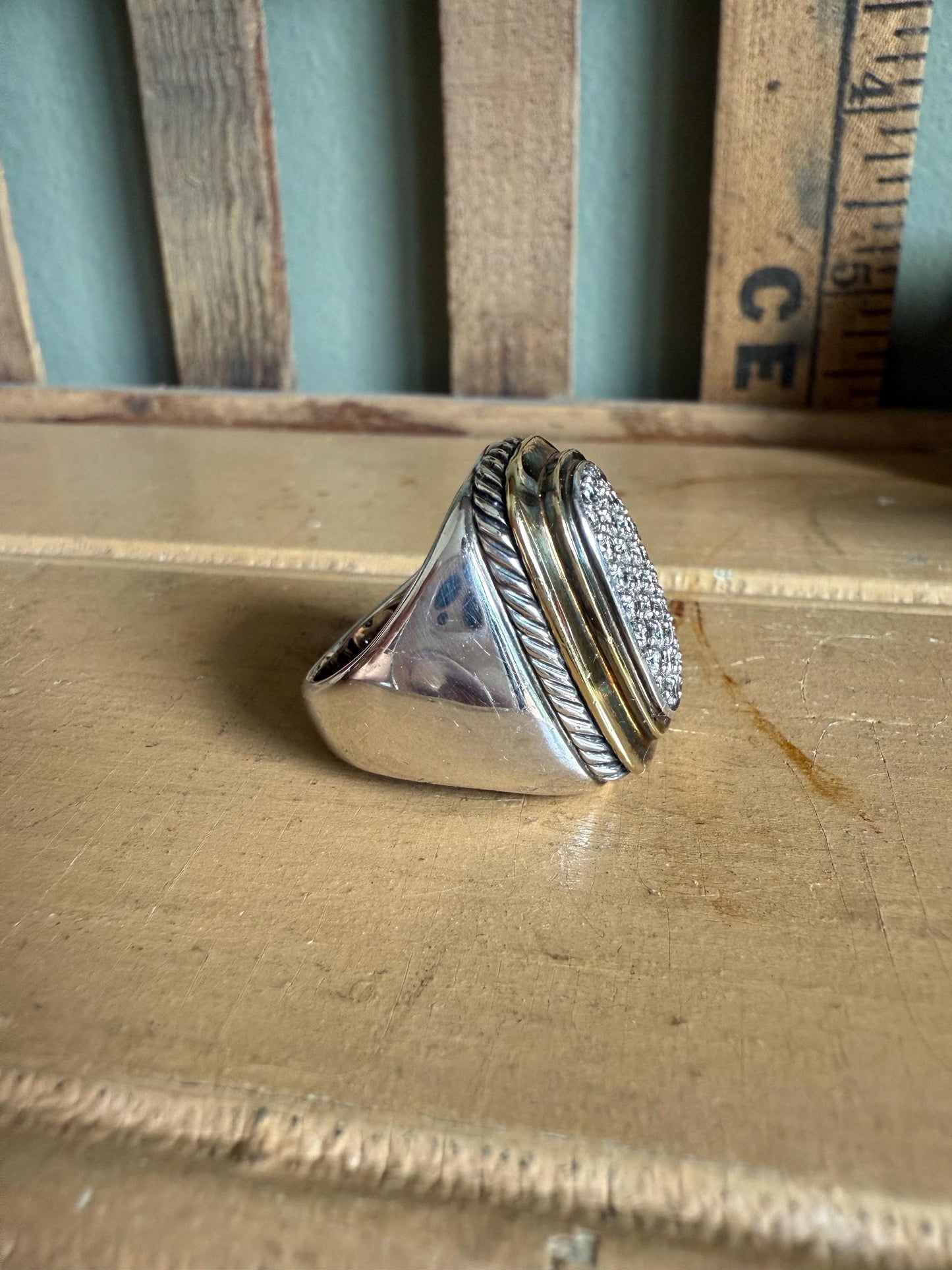 A Vintage David Yurman Albion Diamond Fine Pave Sterling 18K Ring Size 6.5