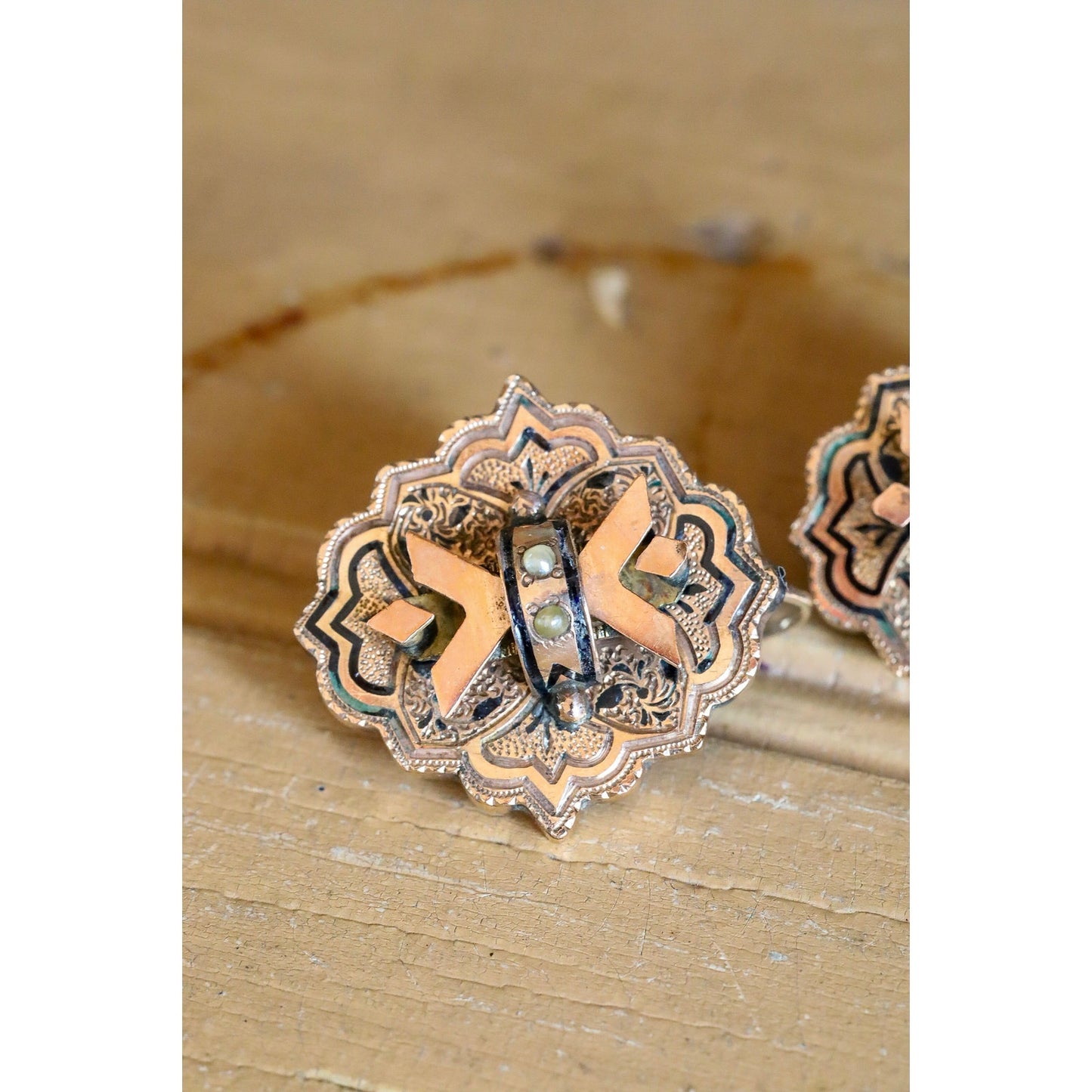 C1870 Gold Filled and 10K Gold Victorian Black Tracery Seed Pearl Earrings