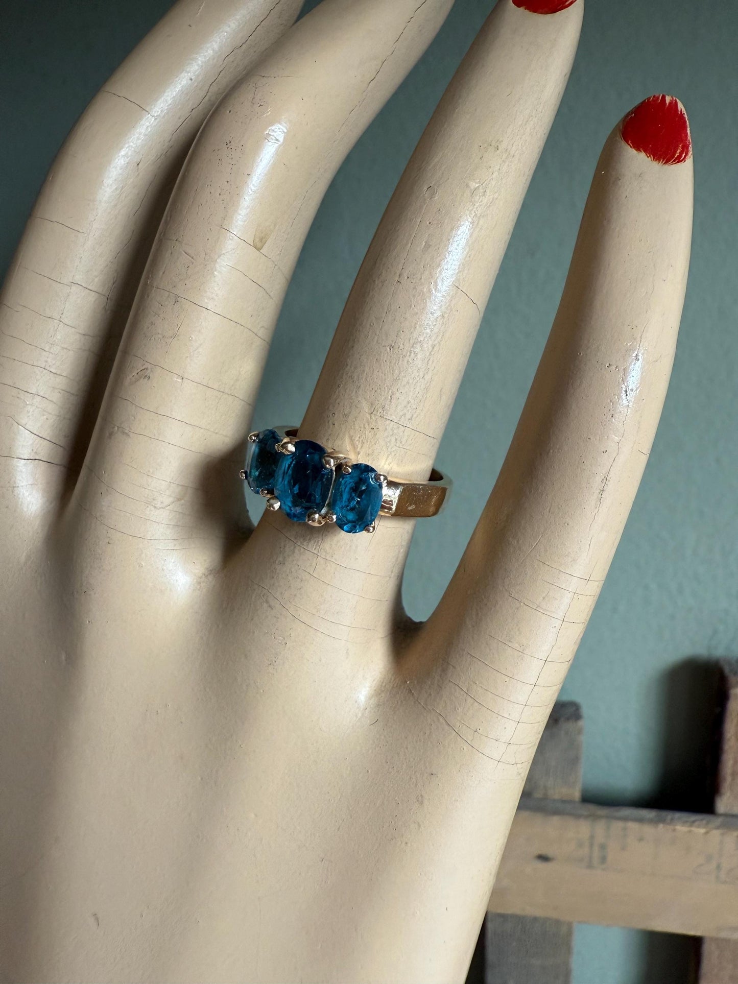 14K Yellow Gold Three Oval Cut London Blue Topaz Ring