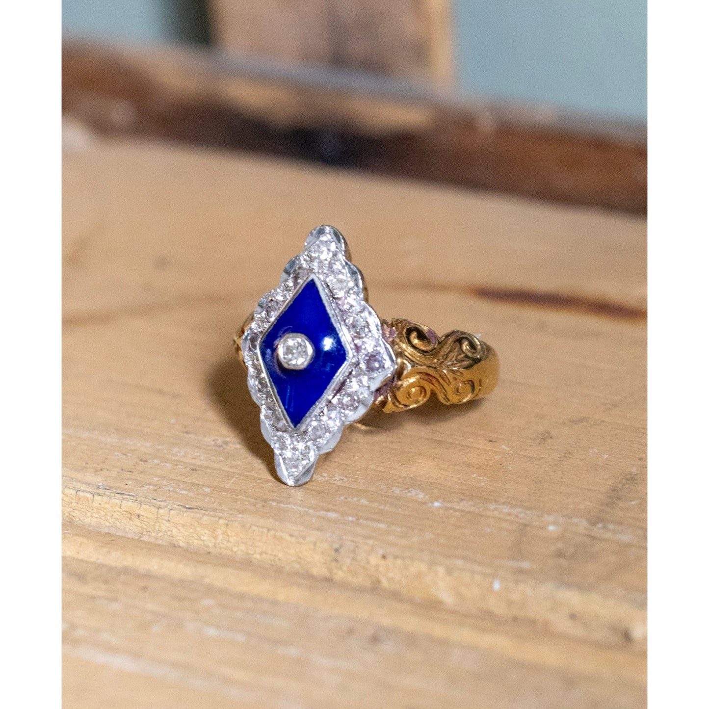 Vintage English Victorian Revival Diamond and Enamel Pinkie Ring